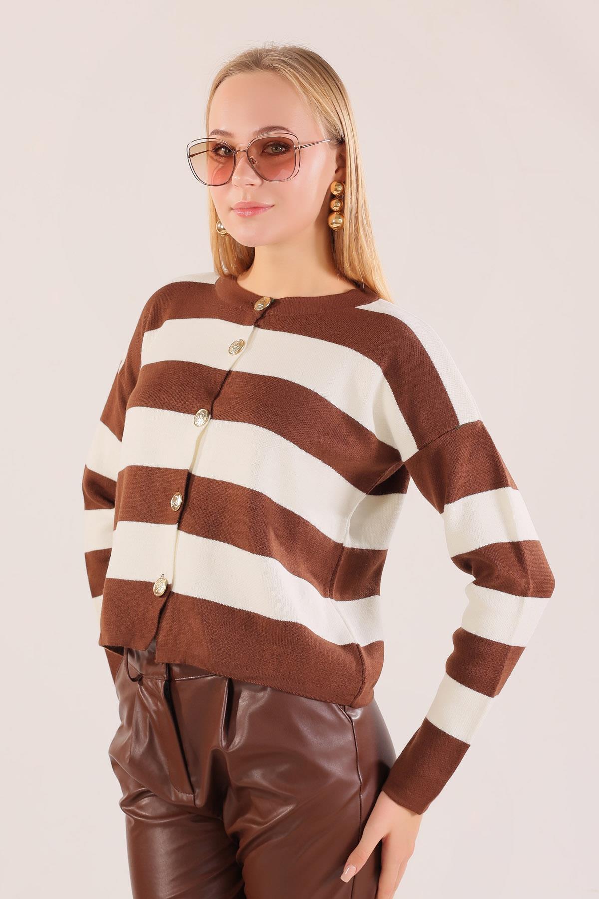 3025 Düğmeli Çizgili Hırka Kahve - 2