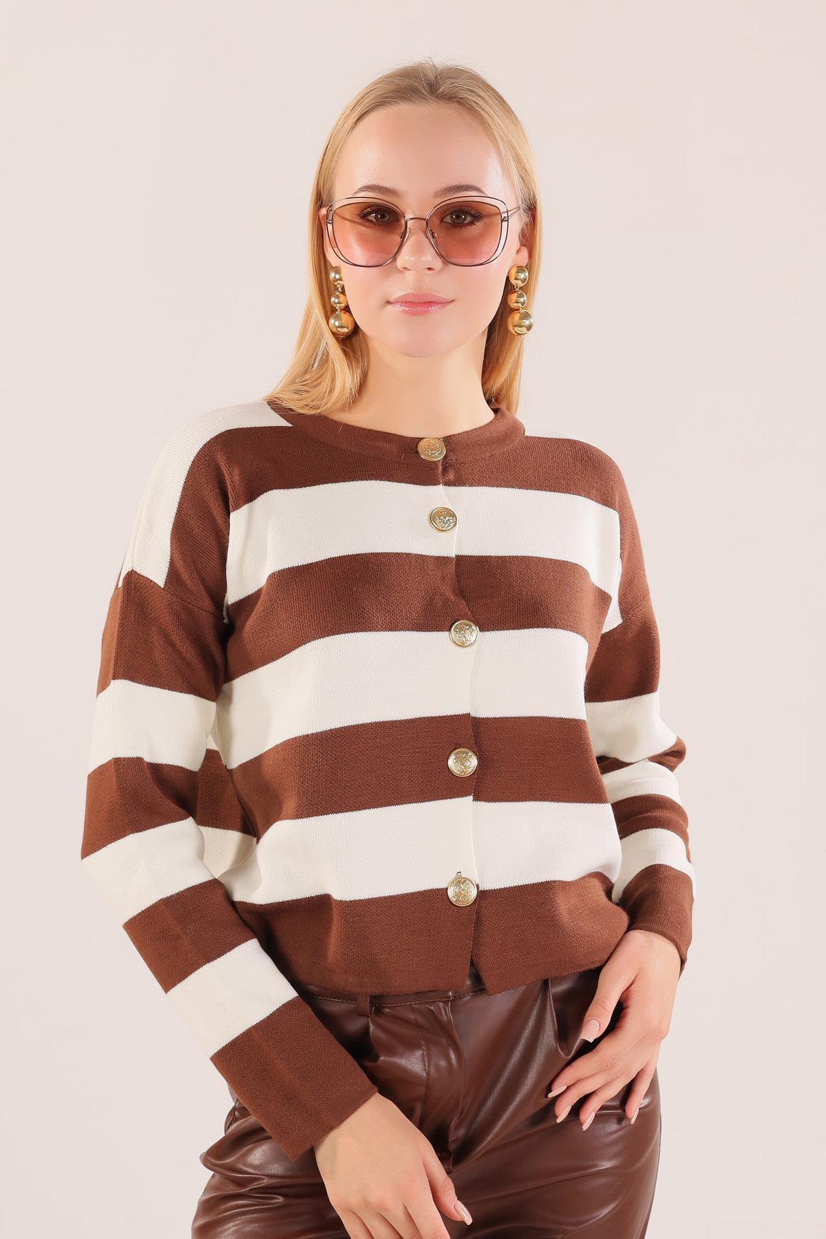 Kahve Düğmeli Çizgili Hırka 3025 - 1