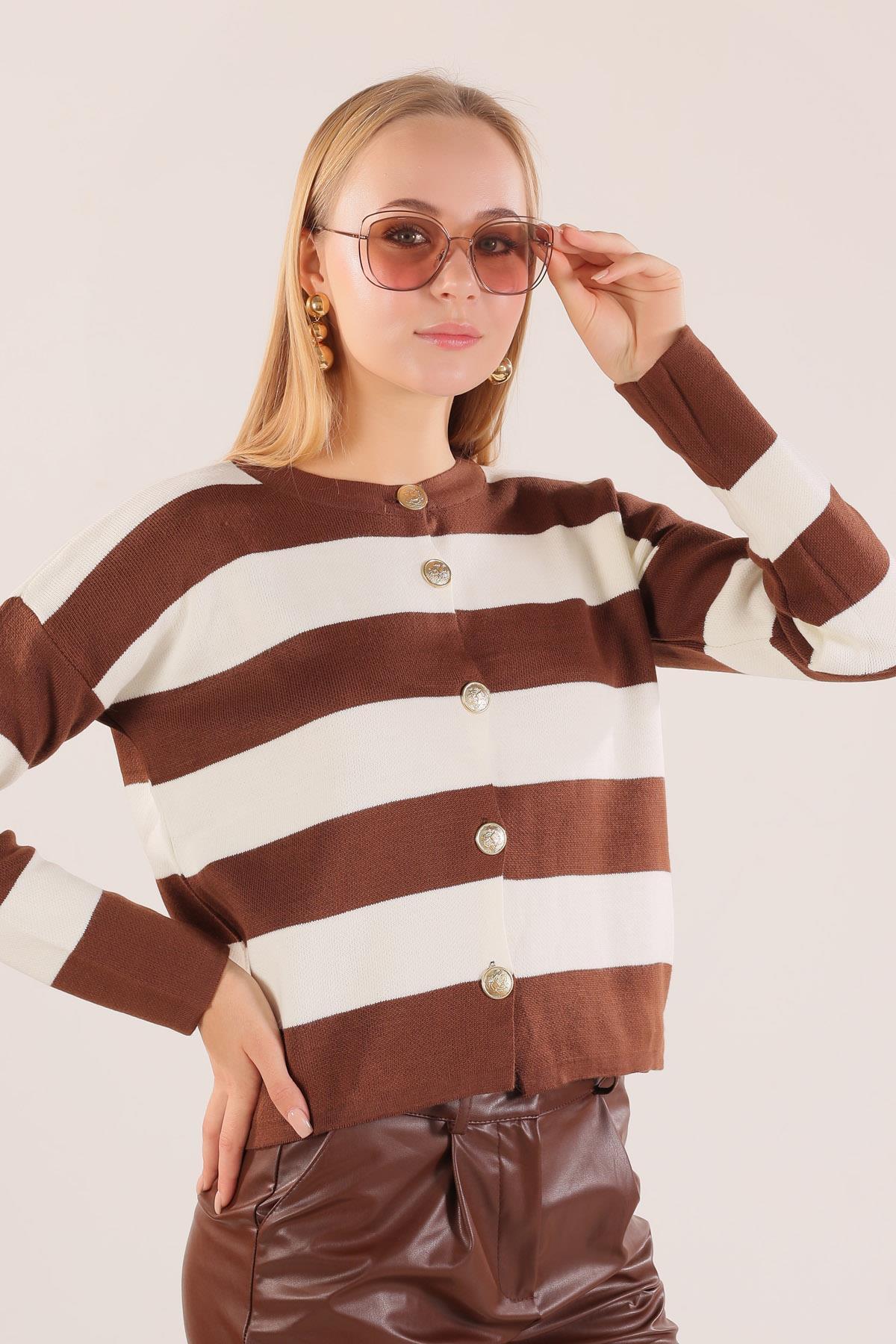 Kahve Düğmeli Çizgili Hırka 3025 - 3