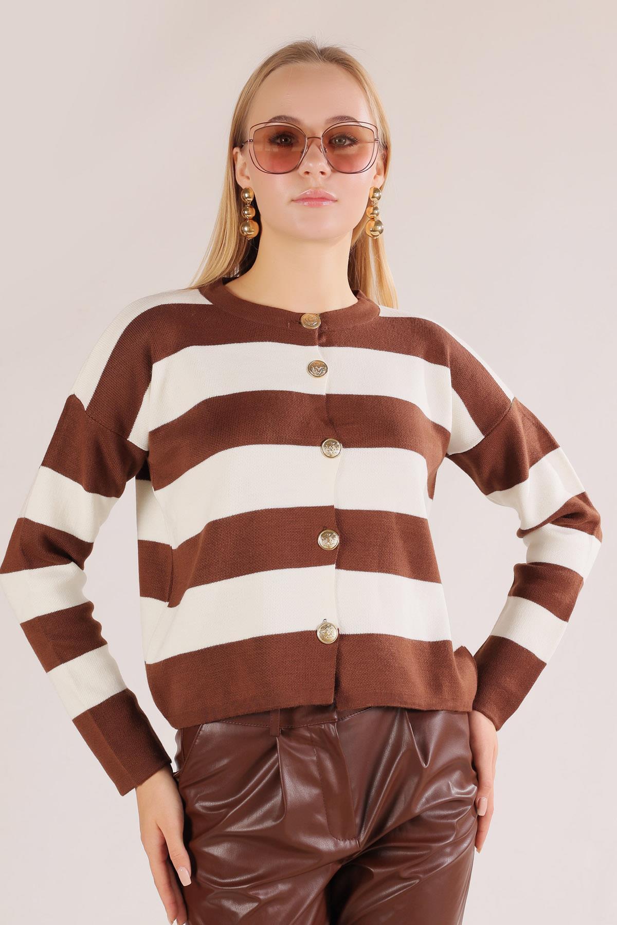 Kahve Düğmeli Çizgili Hırka 3025 - 6