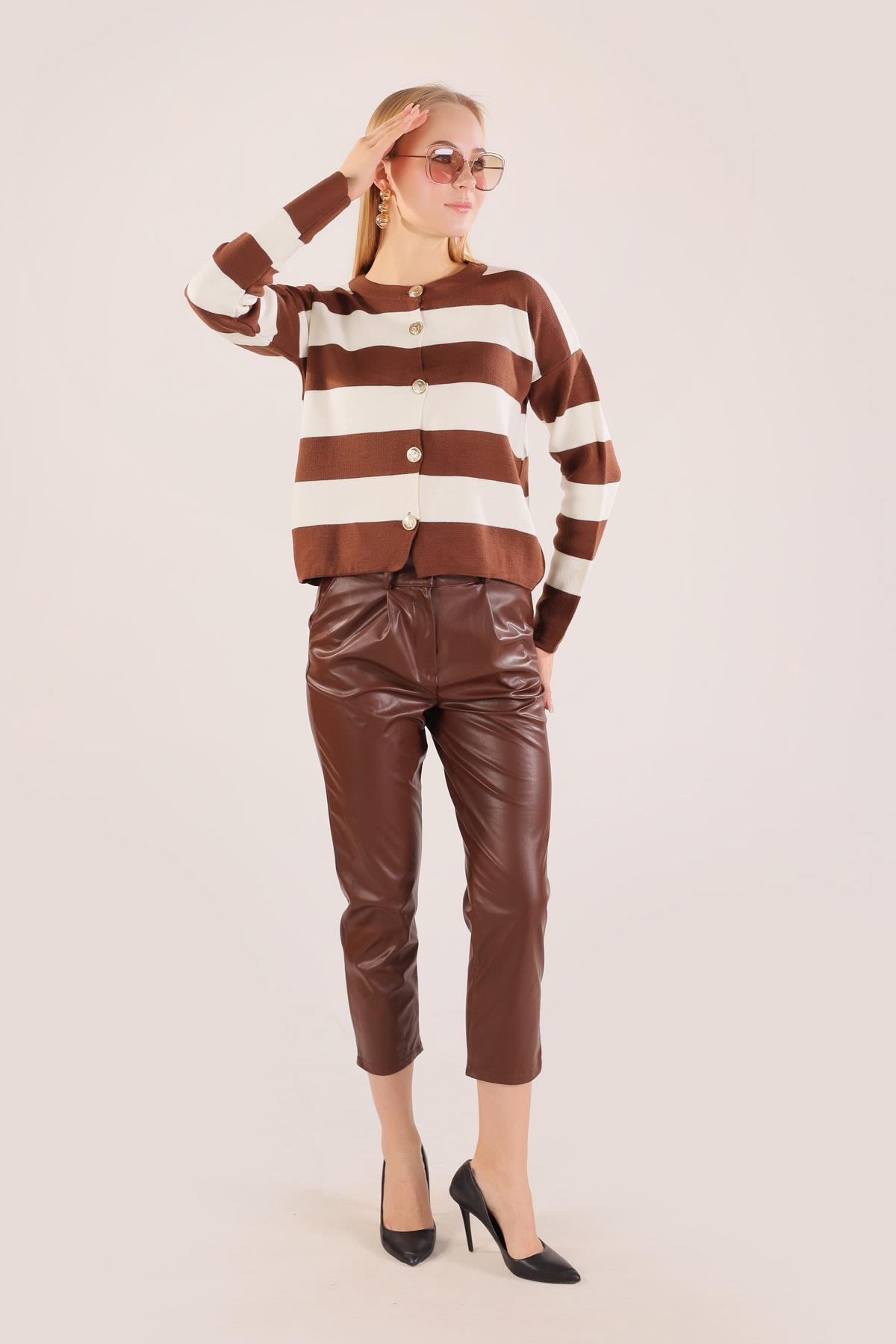 Kahve Düğmeli Çizgili Hırka 3025 - 8