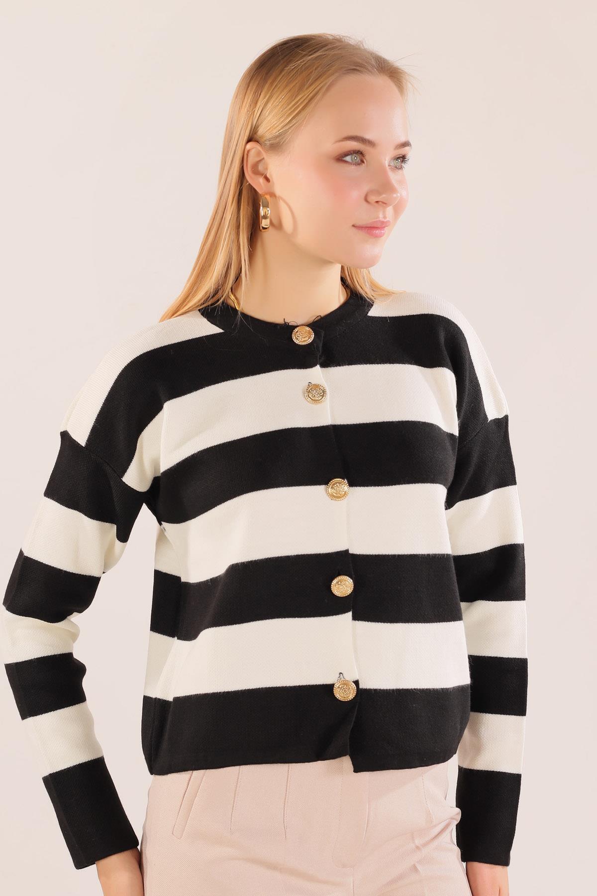 3025 Düğmeli Çizgili Hırka Siyah - 3