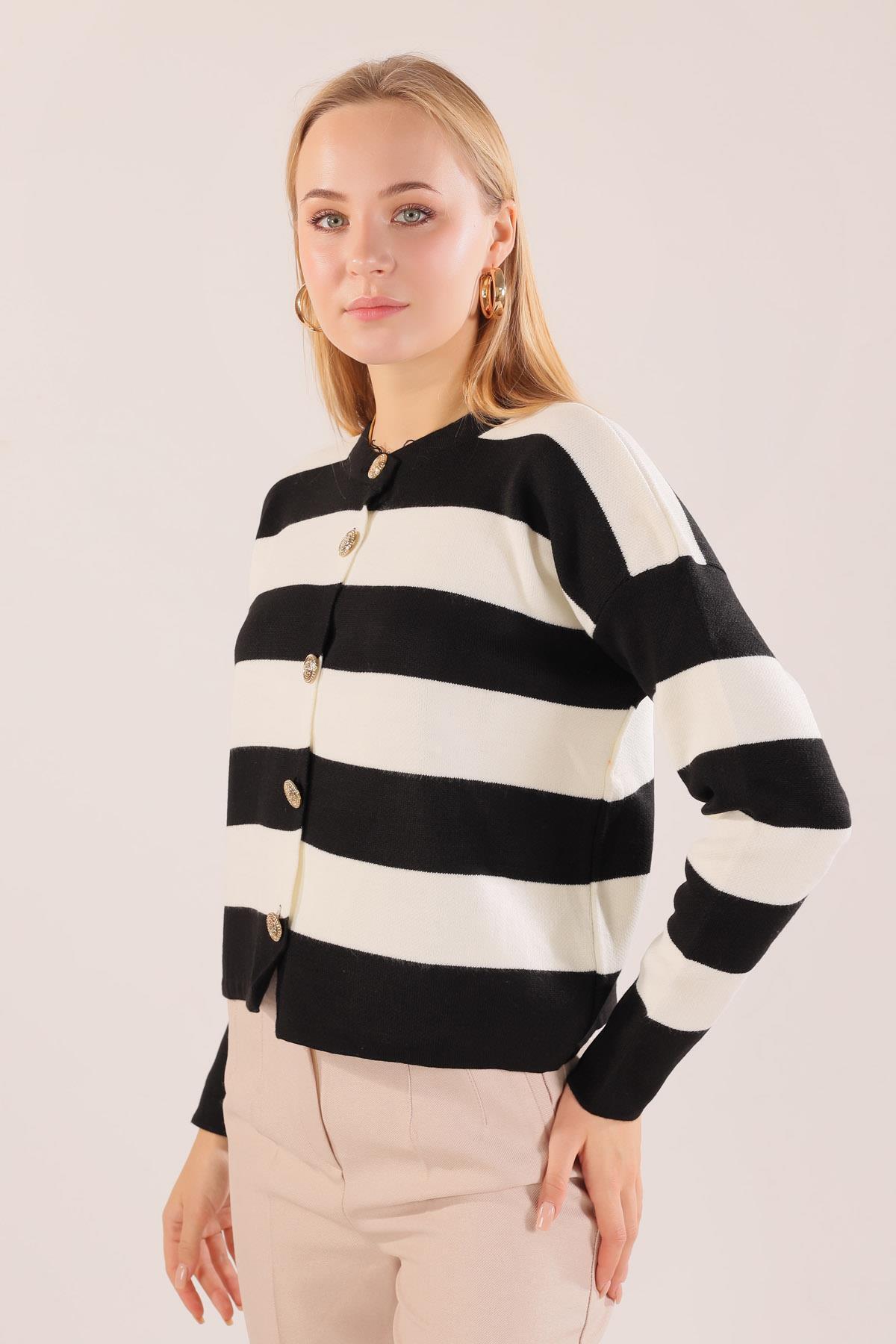 Siyah Düğmeli Çizgili Hırka 3025 