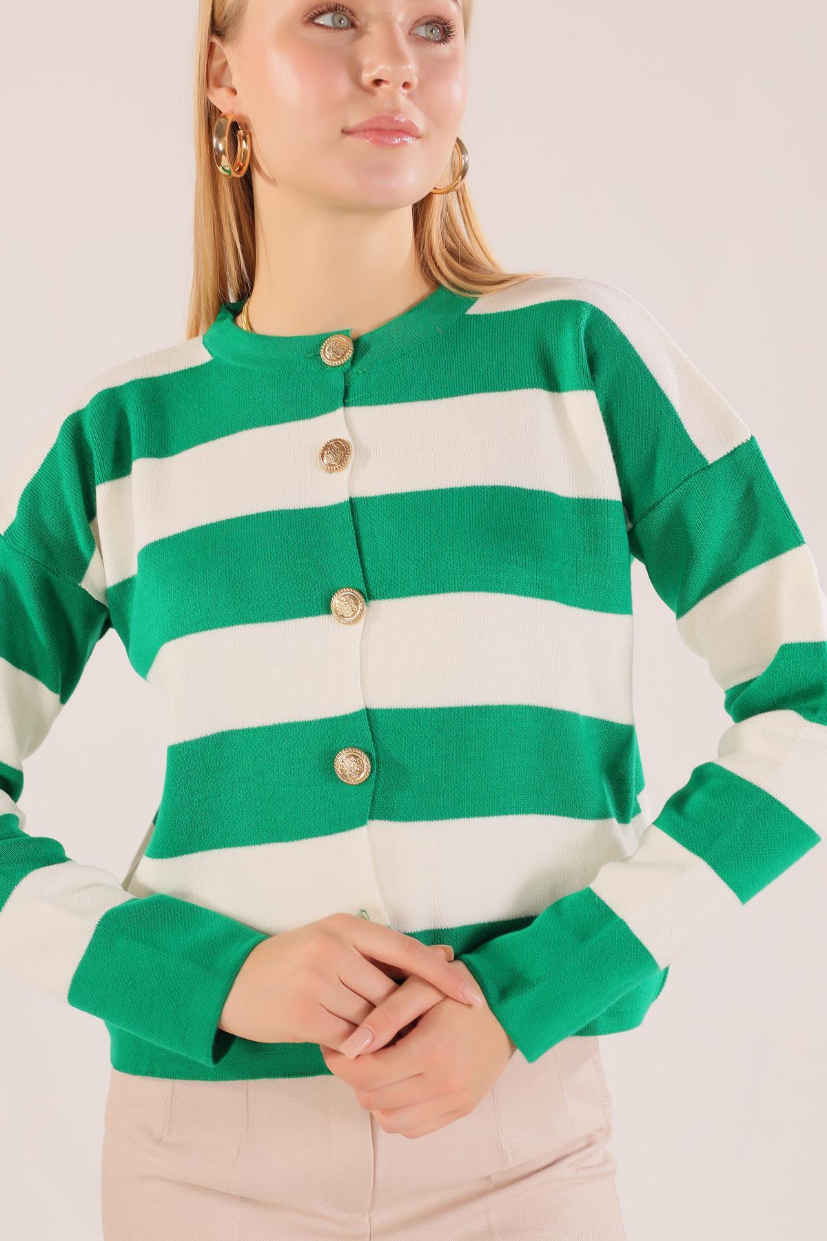 3025 Düğmeli Çizgili Hırka Yeşil 