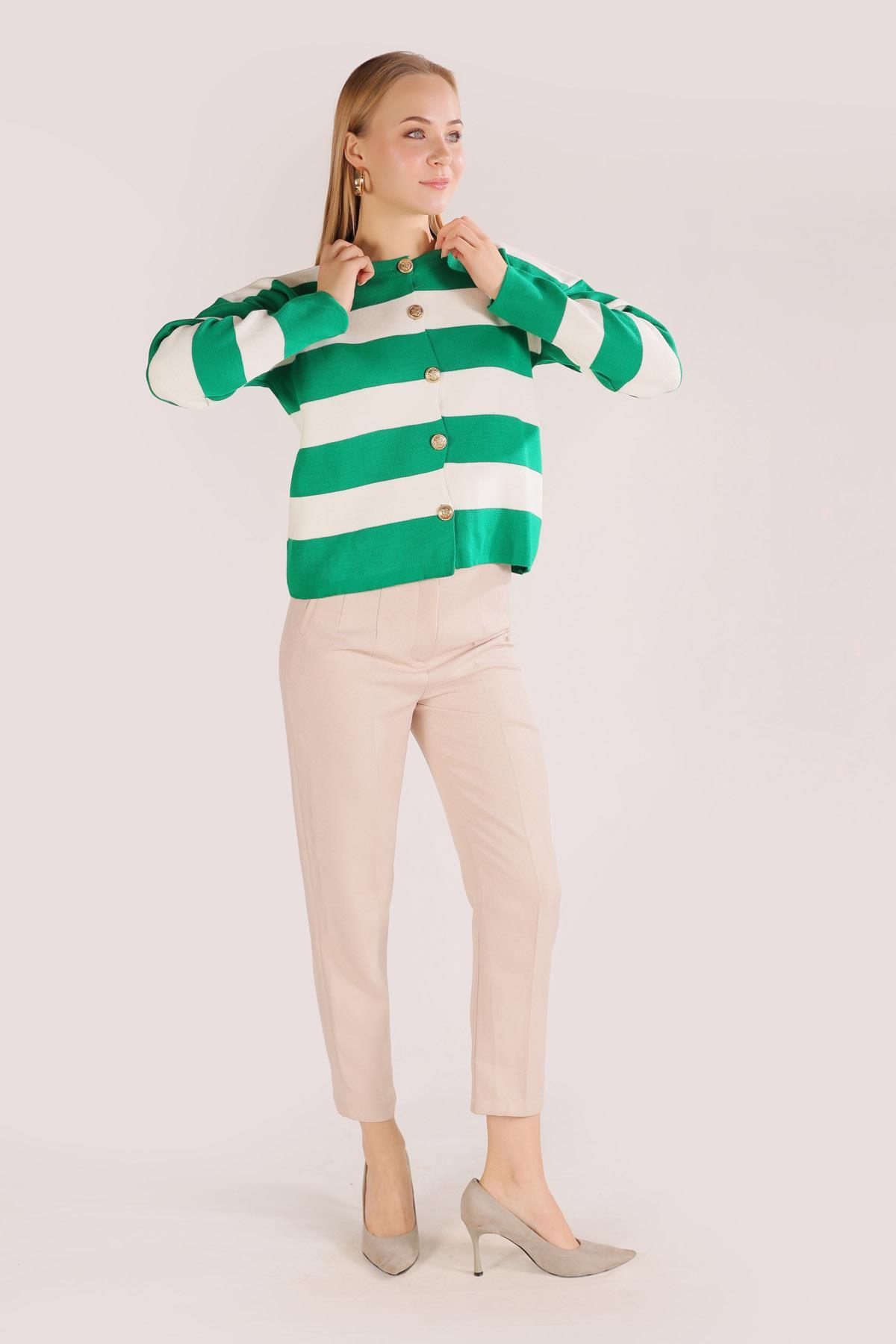 3025 Düğmeli Çizgili Hırka Yeşil - 3