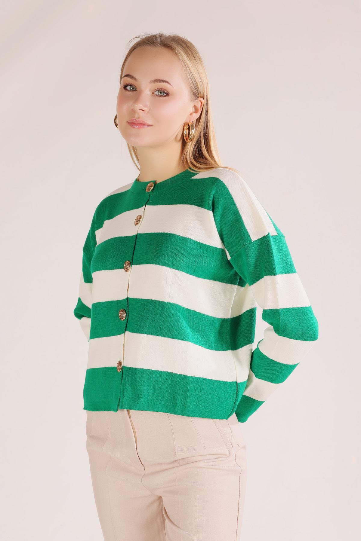 3025 Düğmeli Çizgili Hırka Yeşil - 4