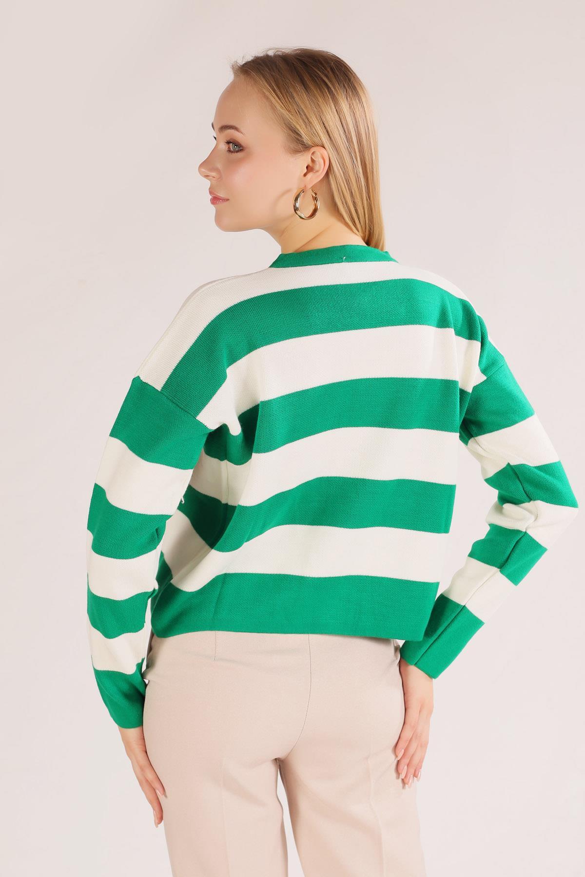 3025 Düğmeli Çizgili Hırka Yeşil - 6