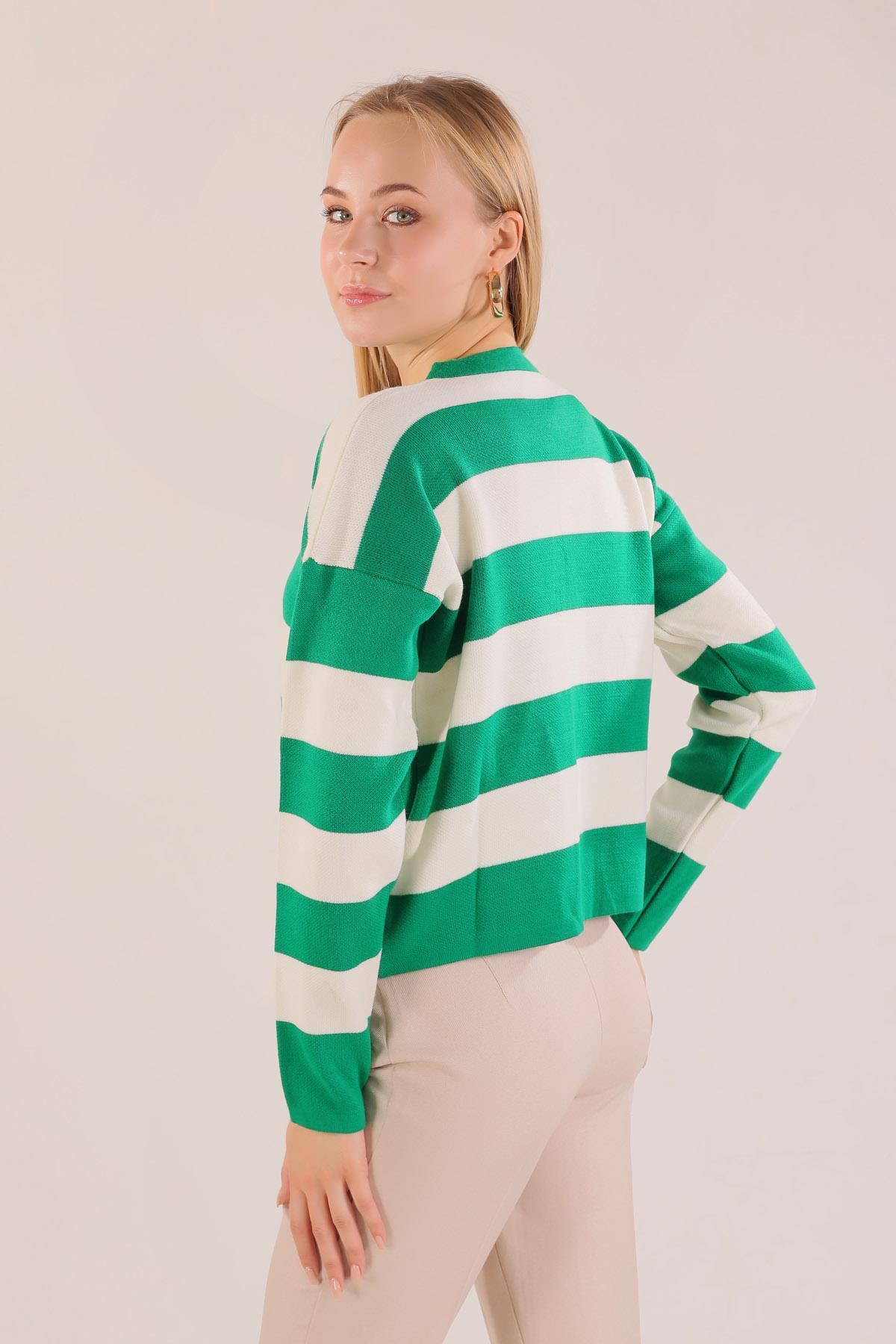 3025 Düğmeli Çizgili Hırka Yeşil - 7