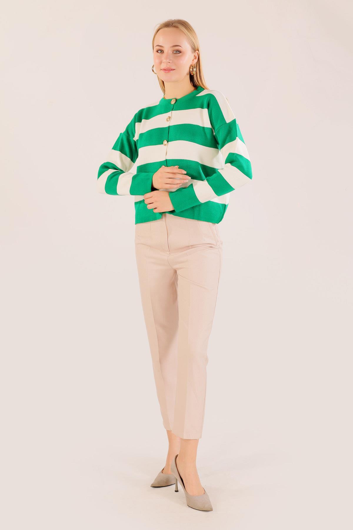 Yeşil Düğmeli Çizgili Hırka 3025 - 2