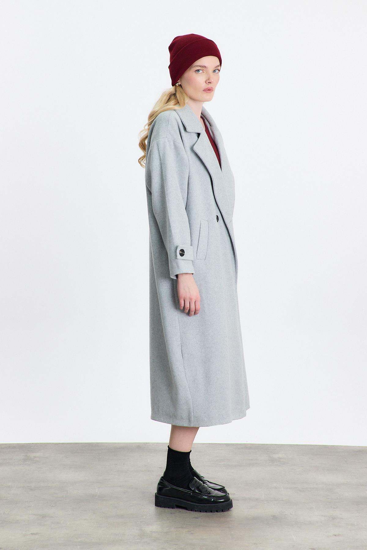 3025A Çift Düğme Cepli Uzun Kaban Gri - 3