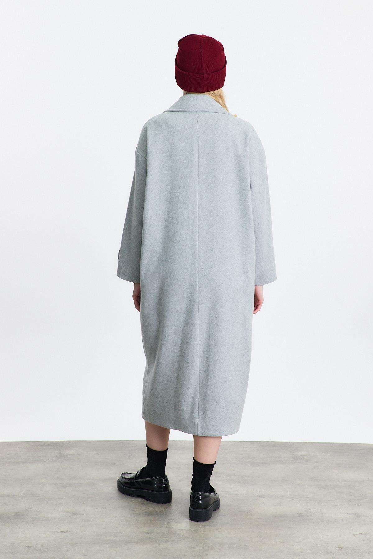 3025A Çift Düğme Cepli Uzun Kaban Gri - 5