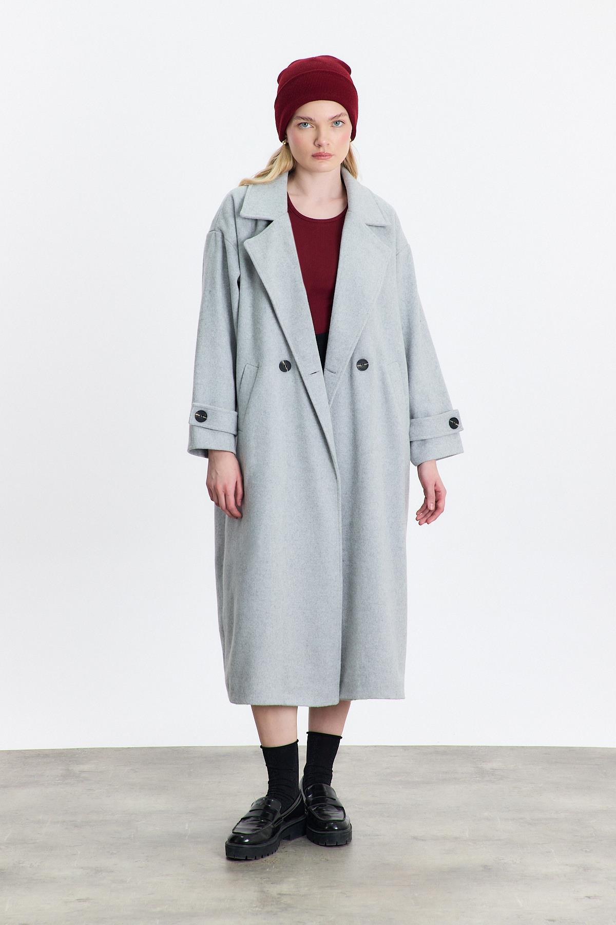 3025A Çift Düğme Cepli Uzun Kaban Gri - RAYS