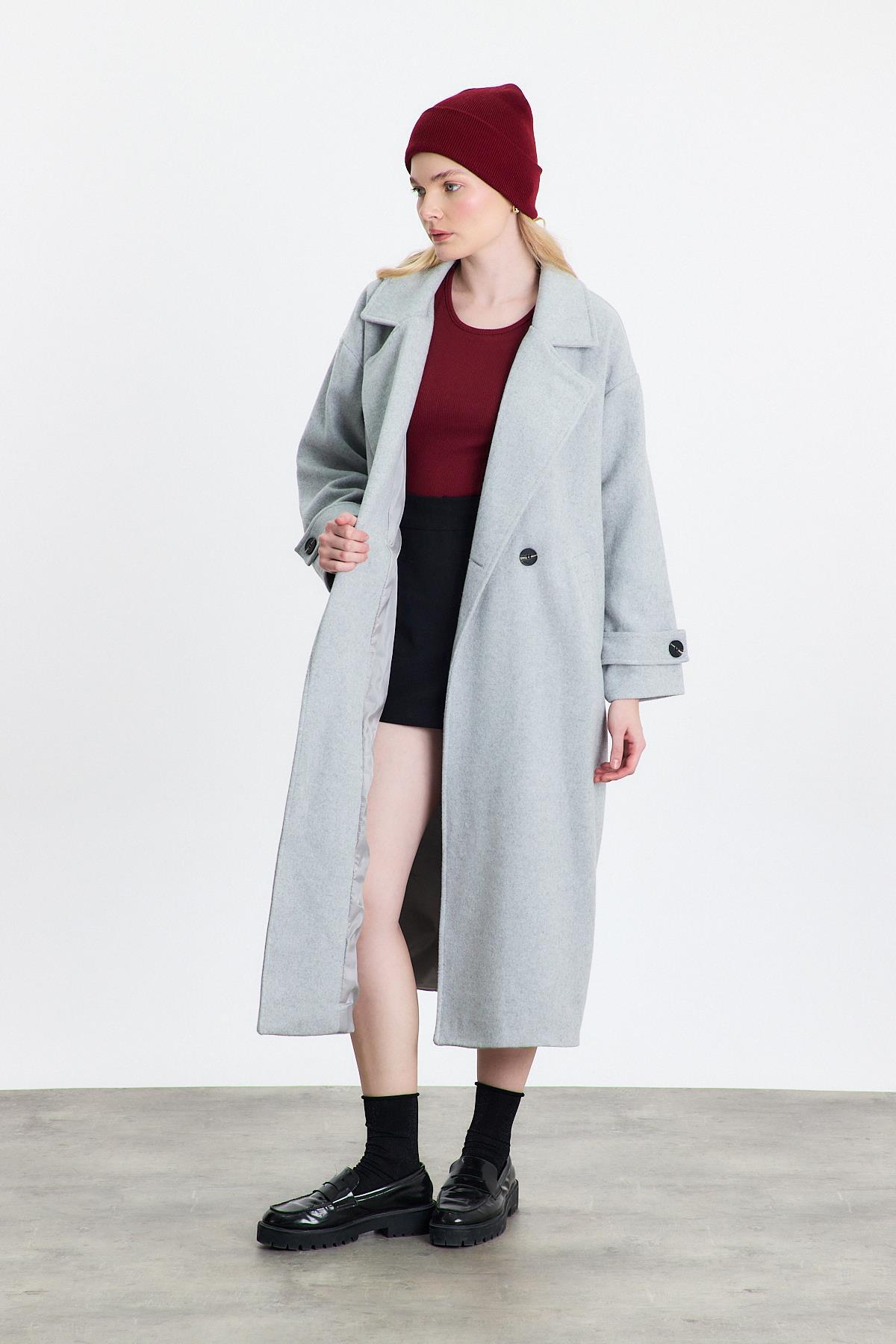 3025A Çift Düğme Cepli Uzun Kaban Gri - 8