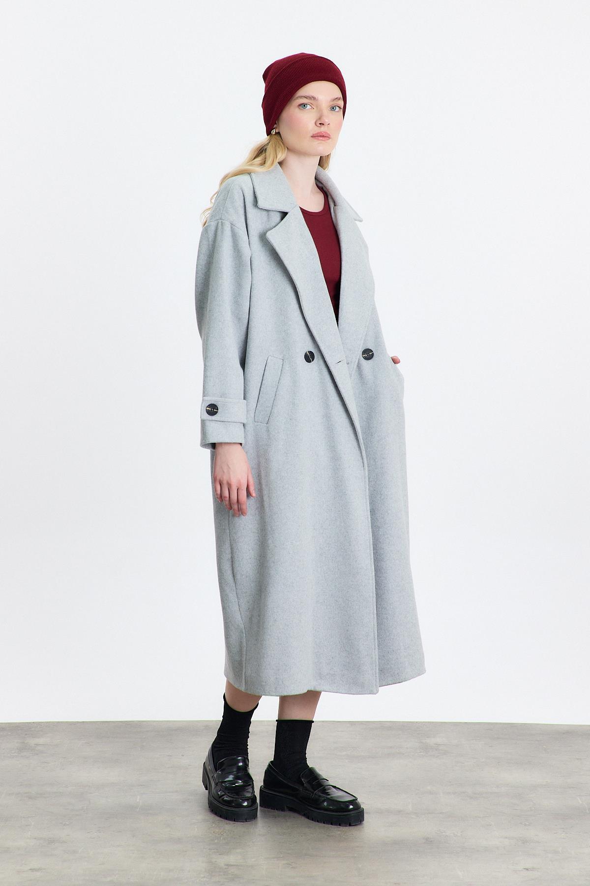 Gri Çift Düğme Cepli Uzun Kaban 3025A - 2