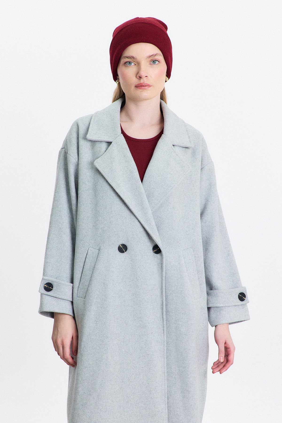 Gri Çift Düğme Cepli Uzun Kaban 3025A - 4