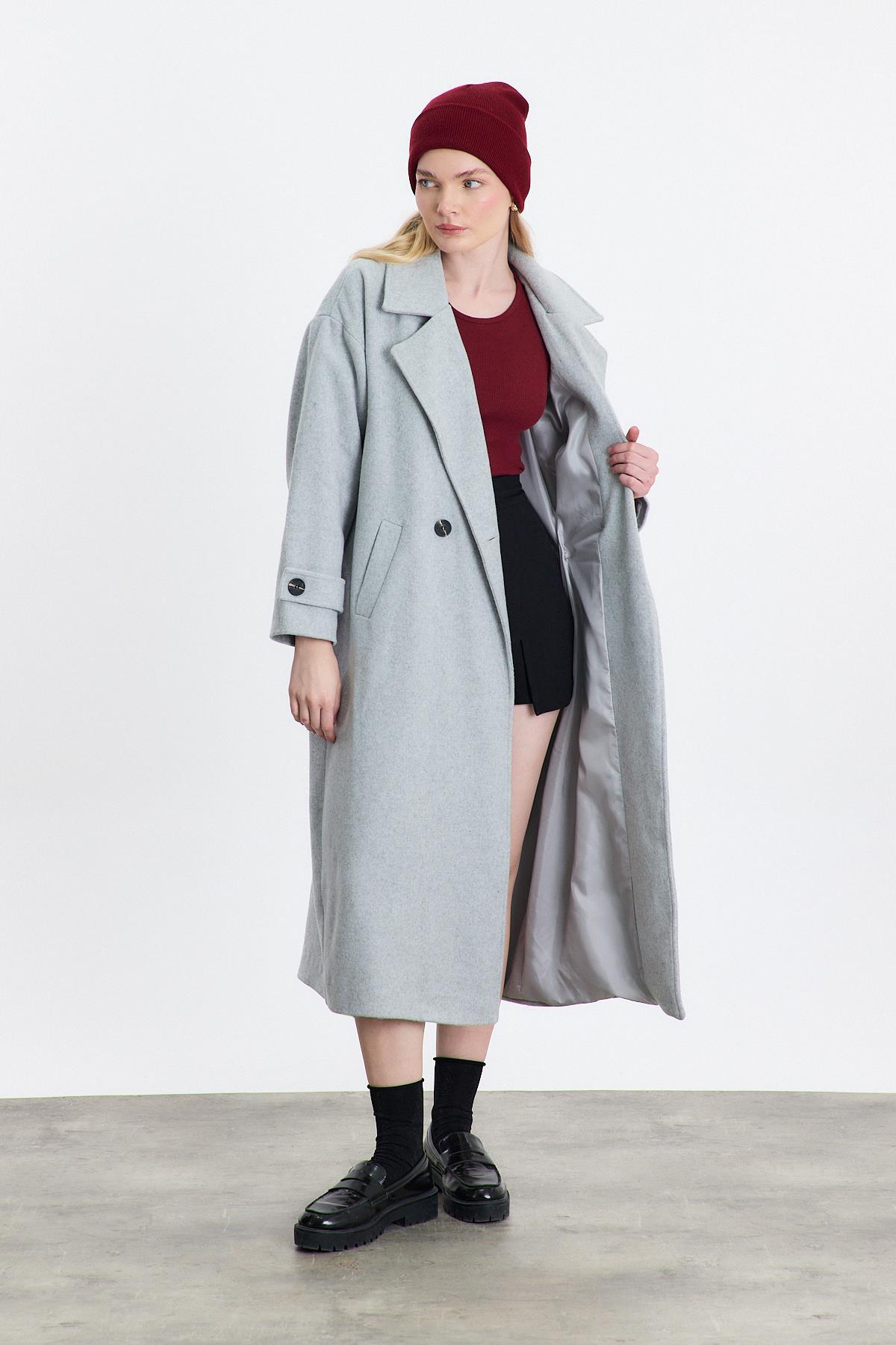 Gri Çift Düğme Cepli Uzun Kaban 3025A - 6