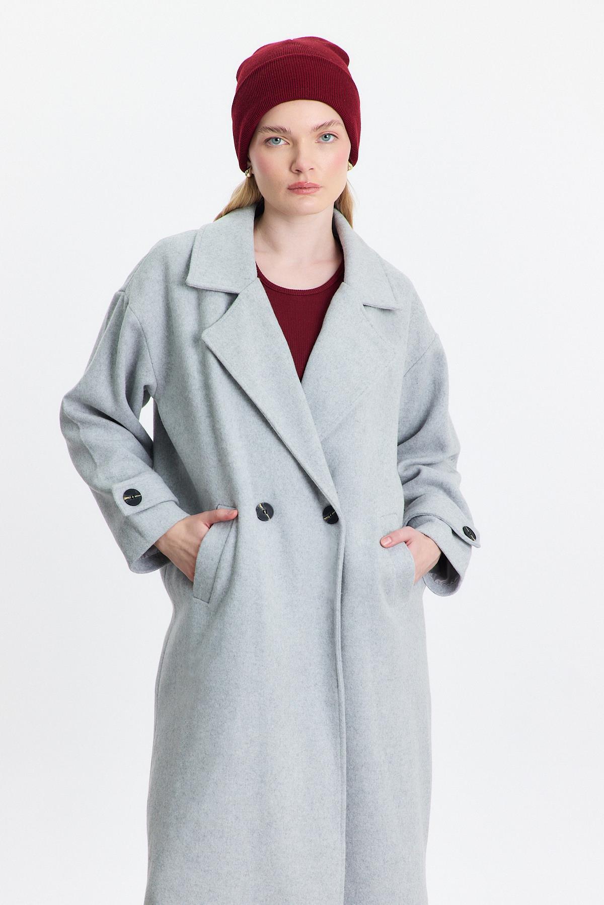 Gri Çift Düğme Cepli Uzun Kaban 3025A - 7