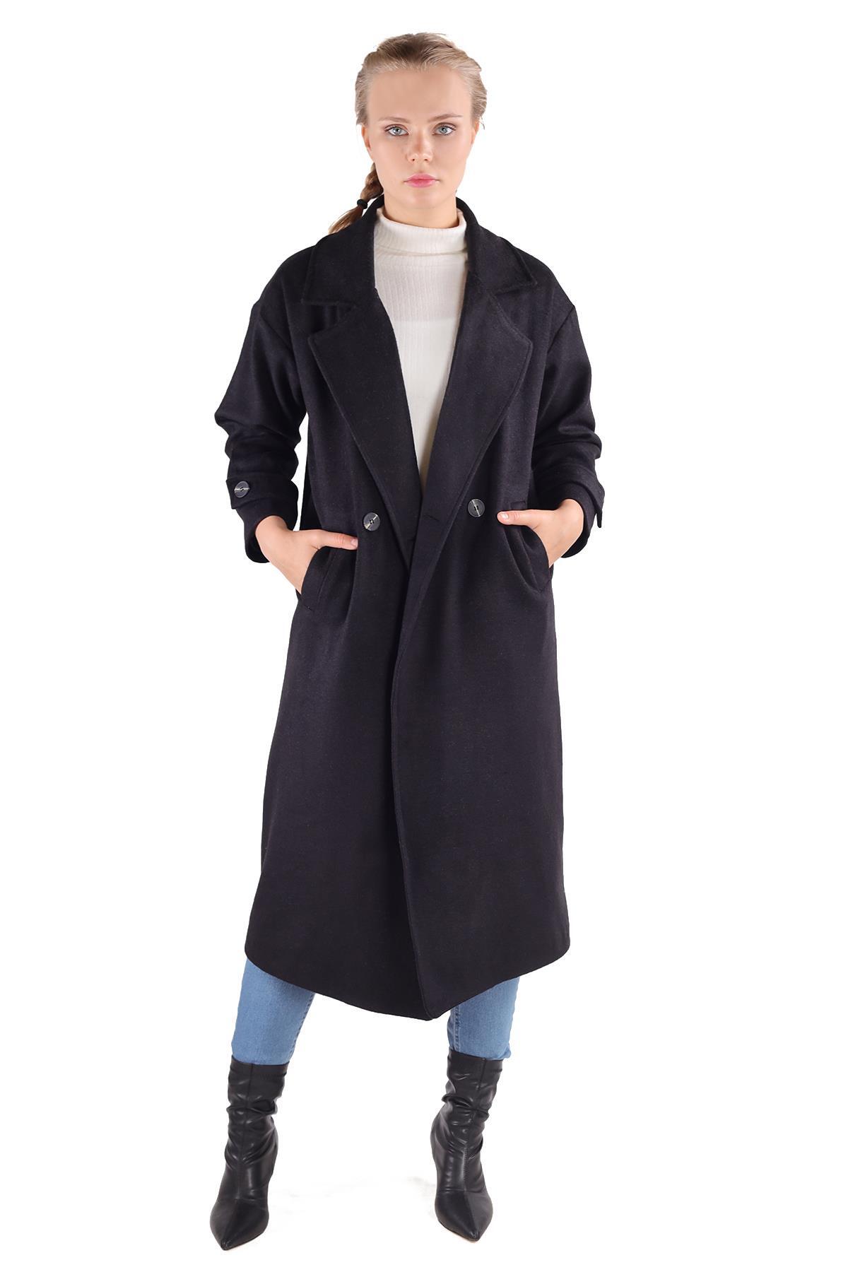 3025A Çift Düğme Cepli Uzun Kaban Siyah - RAYS