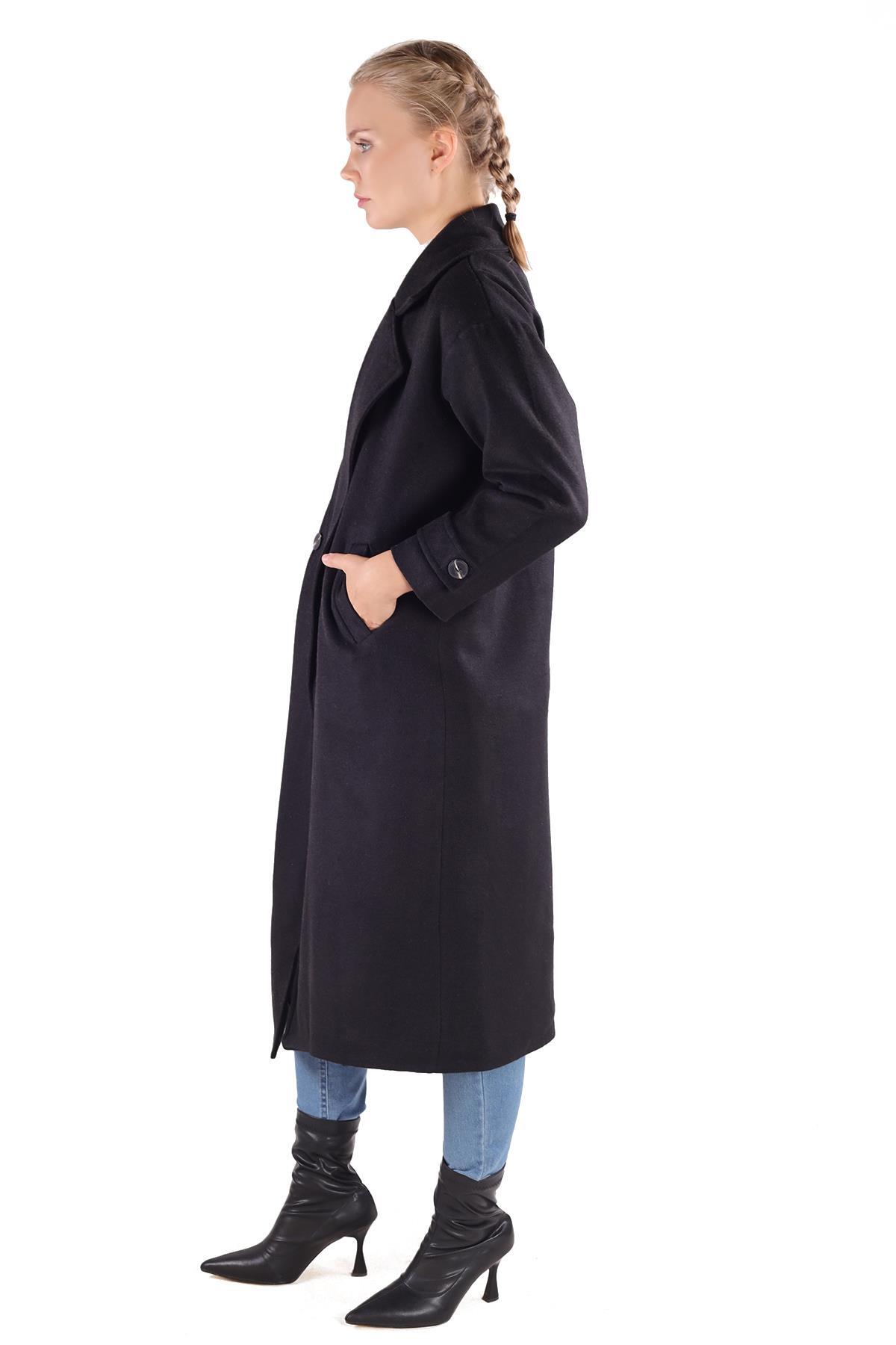 Siyah Çift Düğme Cepli Uzun Kaban 3025A - 6