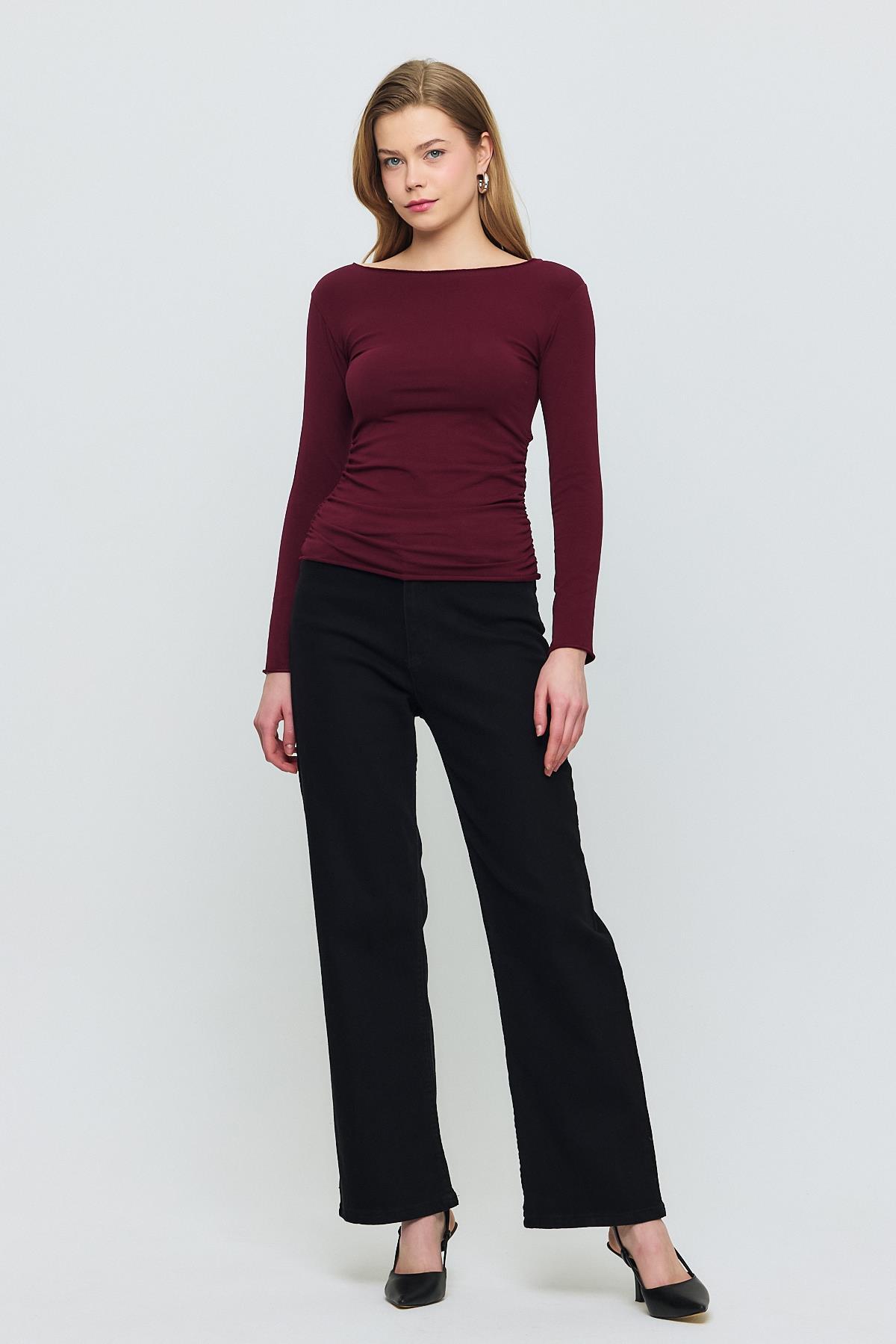 3027 Yanları Büzgülü Bluz Bordo - 6