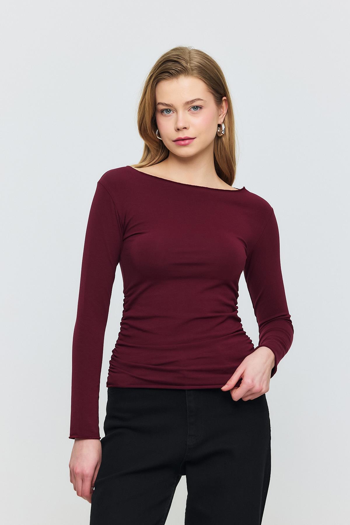 3027 Yanları Büzgülü Bluz Bordo - 8