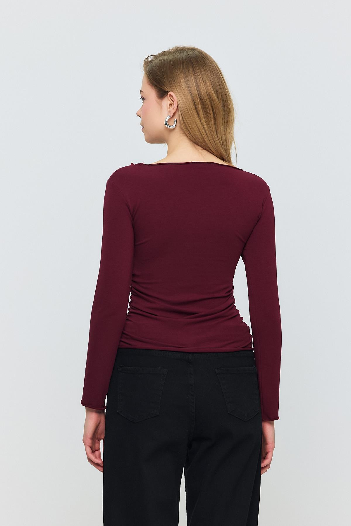 3027 Yanları Büzgülü Bluz Bordo - 5