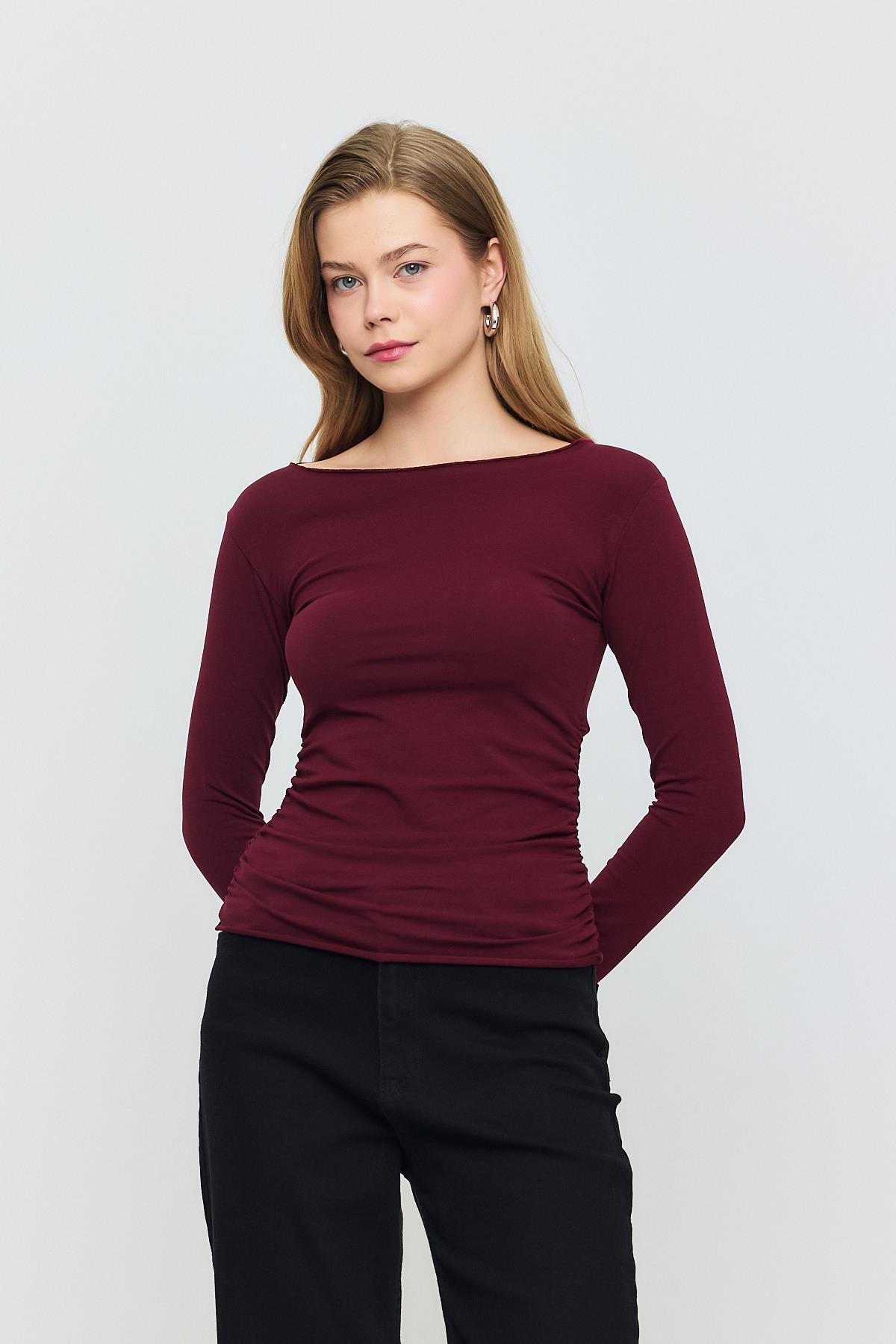 3027 Yanları Büzgülü Bluz Bordo - 7