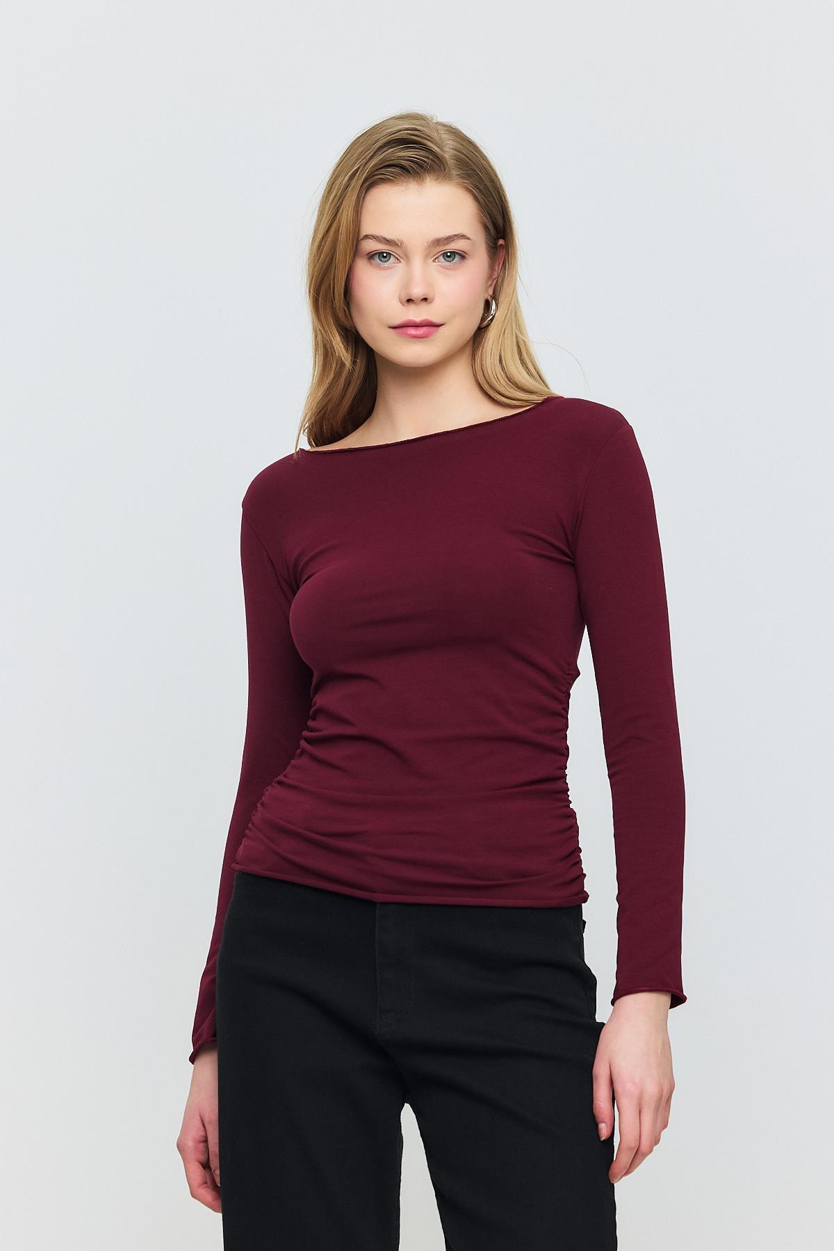 3027 Yanları Büzgülü Bluz Bordo - 2