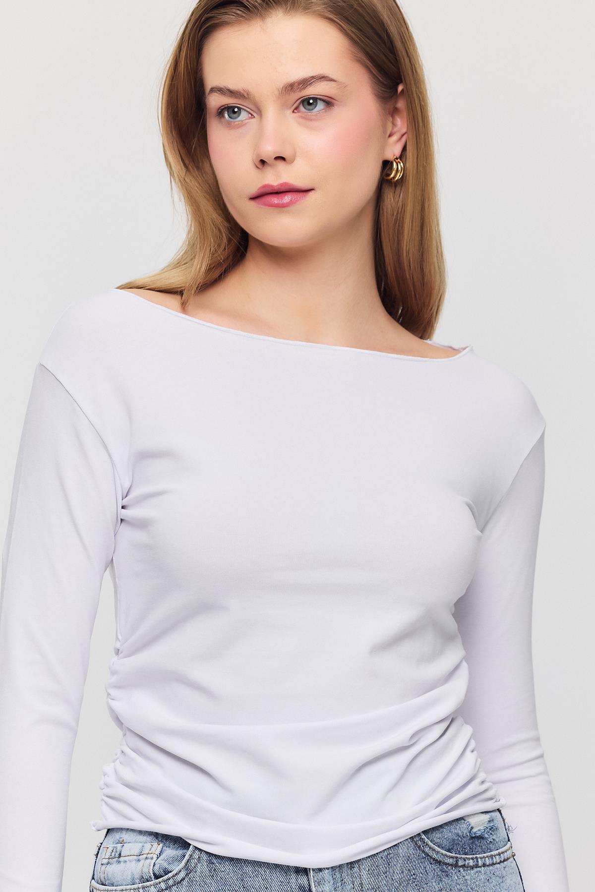 3027 Yanları Büzgülü Bluz Ekru - 7