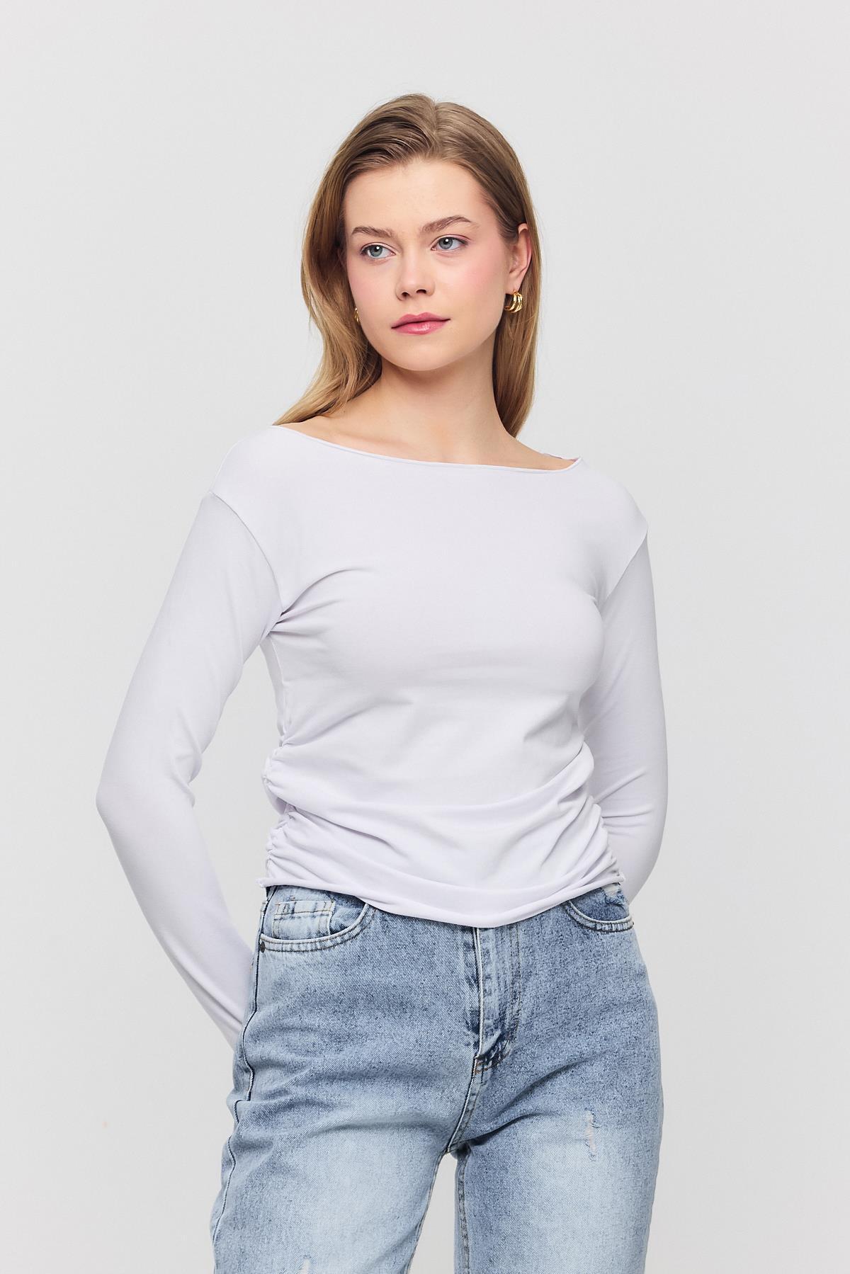 3027 Yanları Büzgülü Bluz Ekru - 6