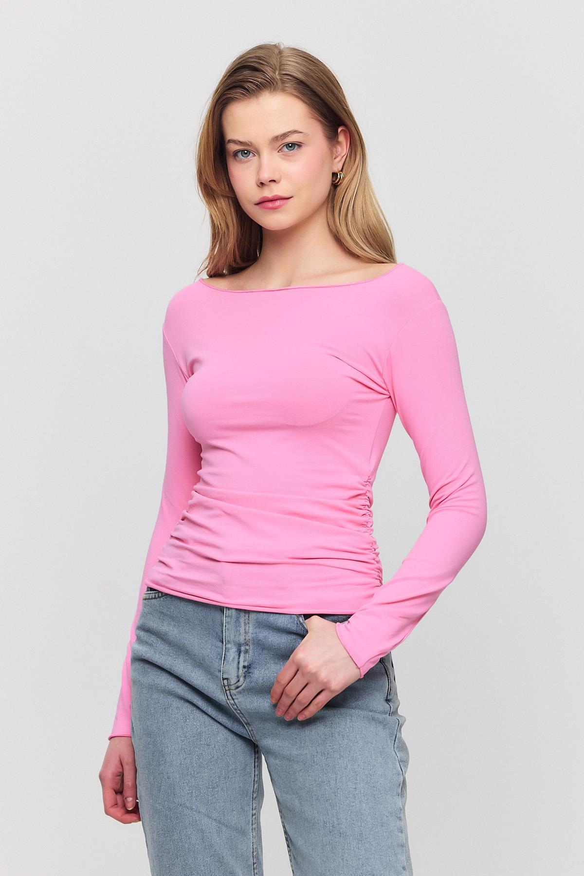 3027 Yanları Büzgülü Bluz Pembe - 6