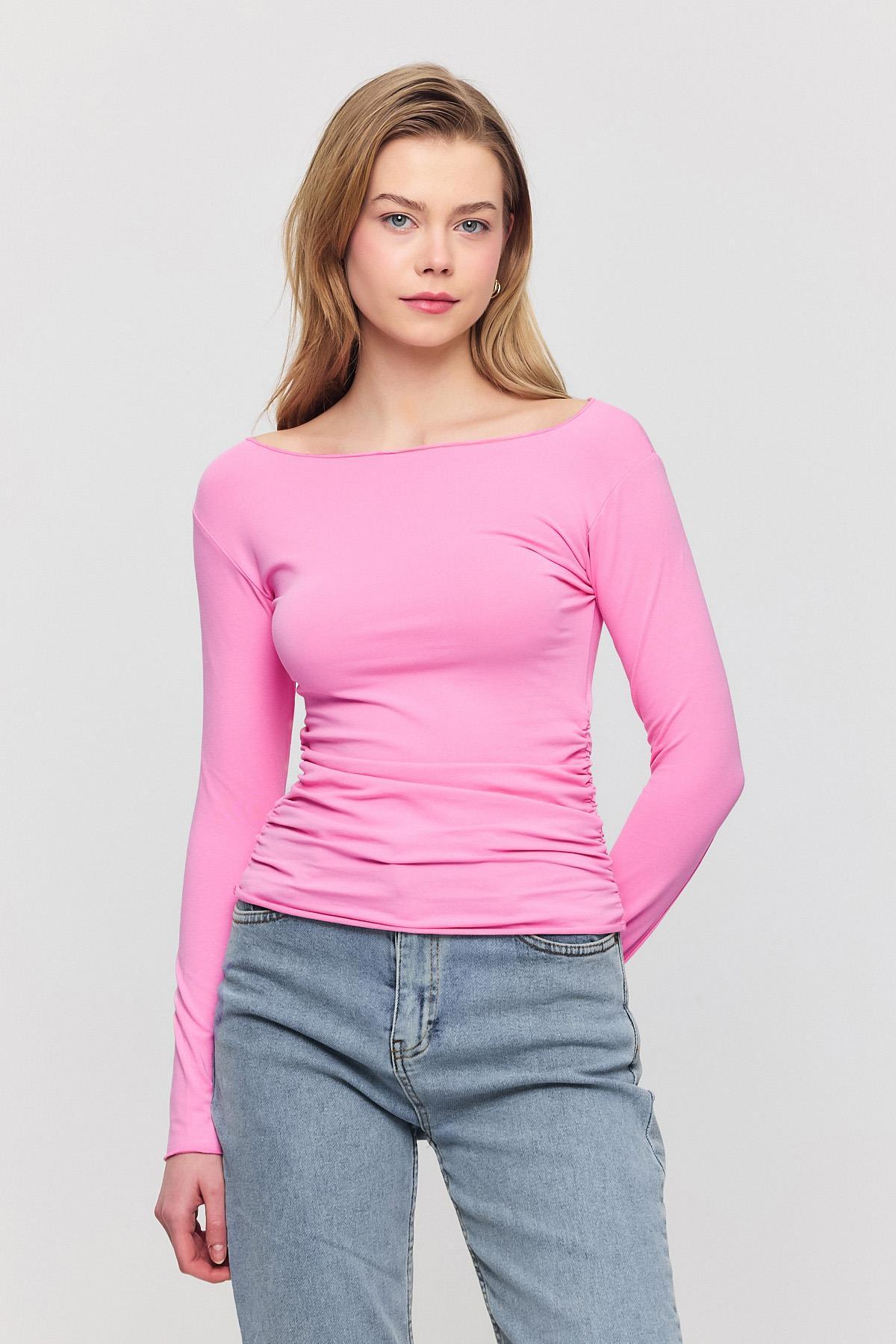 3027 Yanları Büzgülü Bluz Pembe - 1