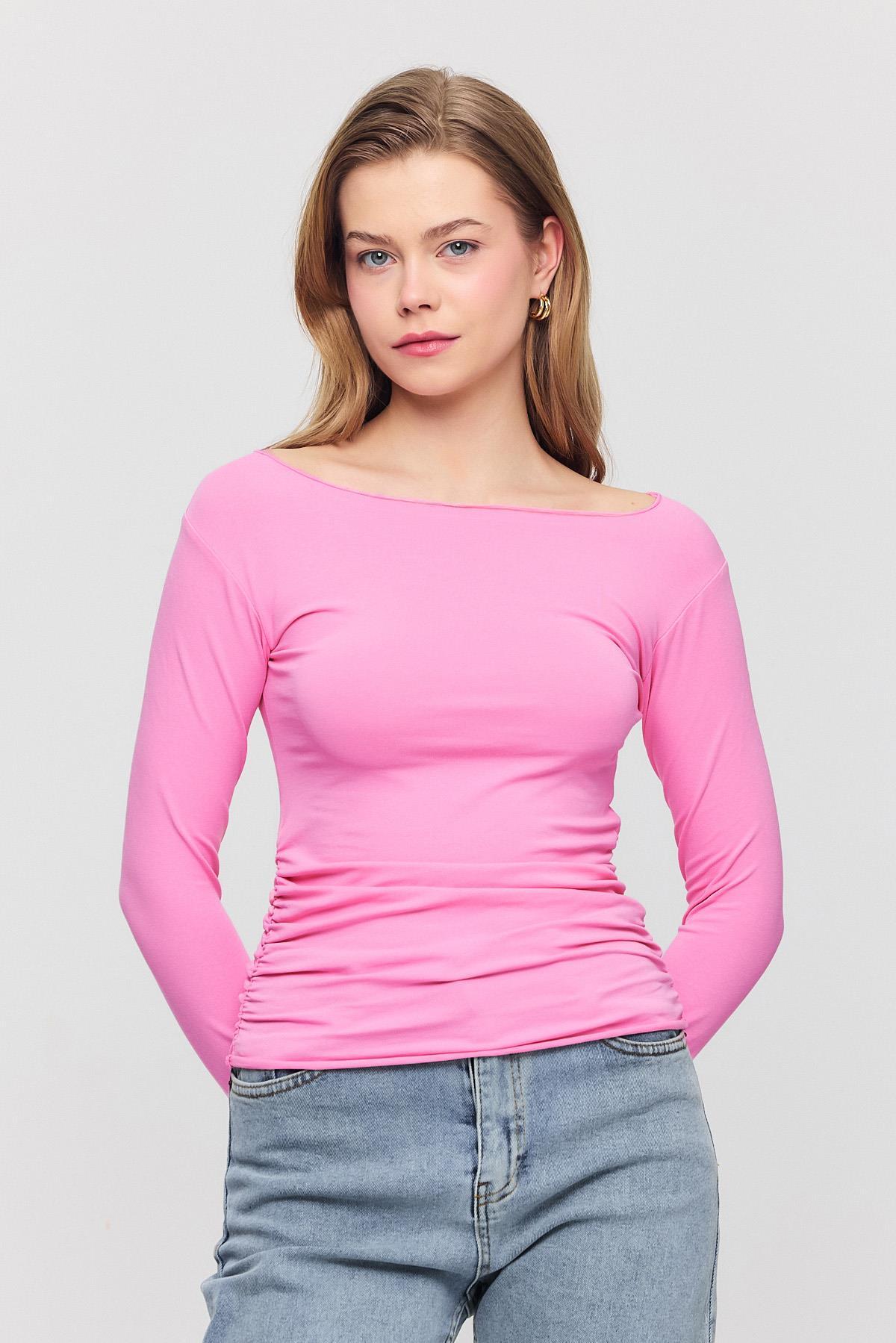 3027 Yanları Büzgülü Bluz Pembe - 2