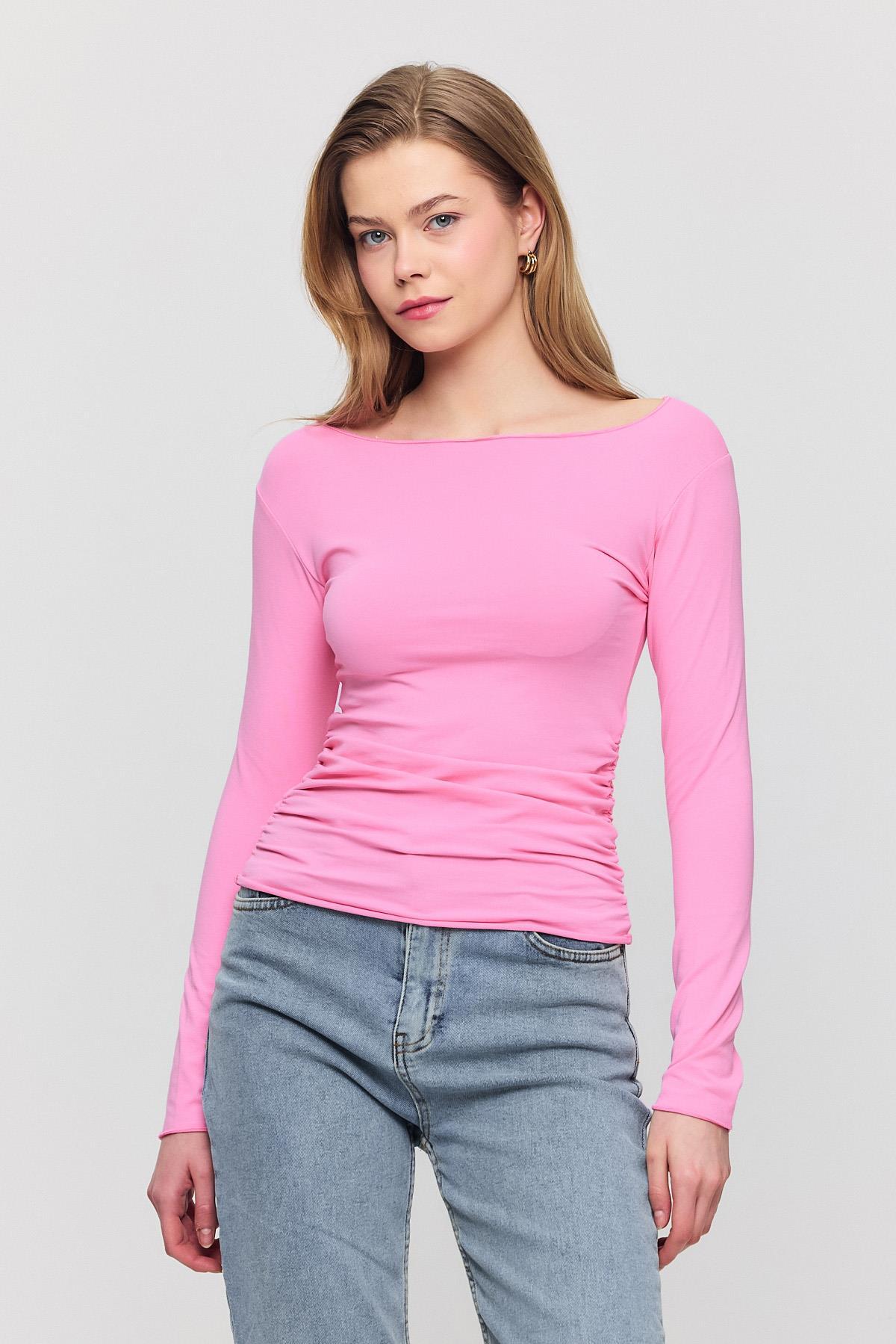 3027 Yanları Büzgülü Bluz Pembe - 7