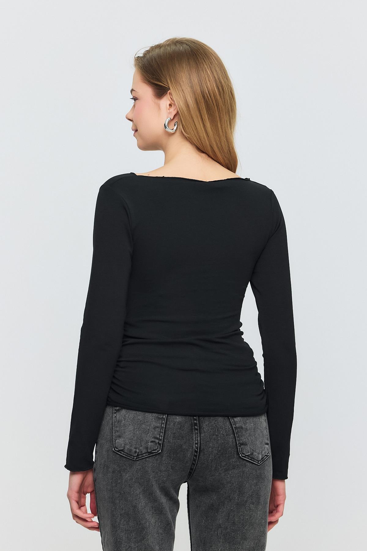 3027 Yanları Büzgülü Bluz Siyah - 5