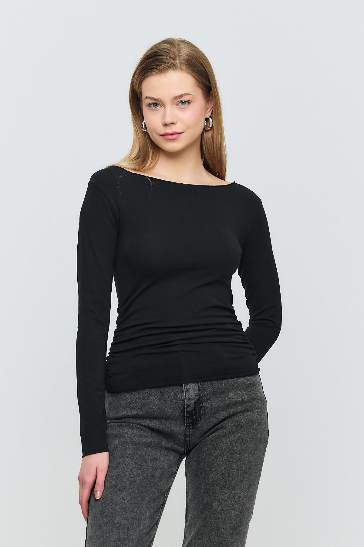 3027 Yanları Büzgülü Bluz Siyah 