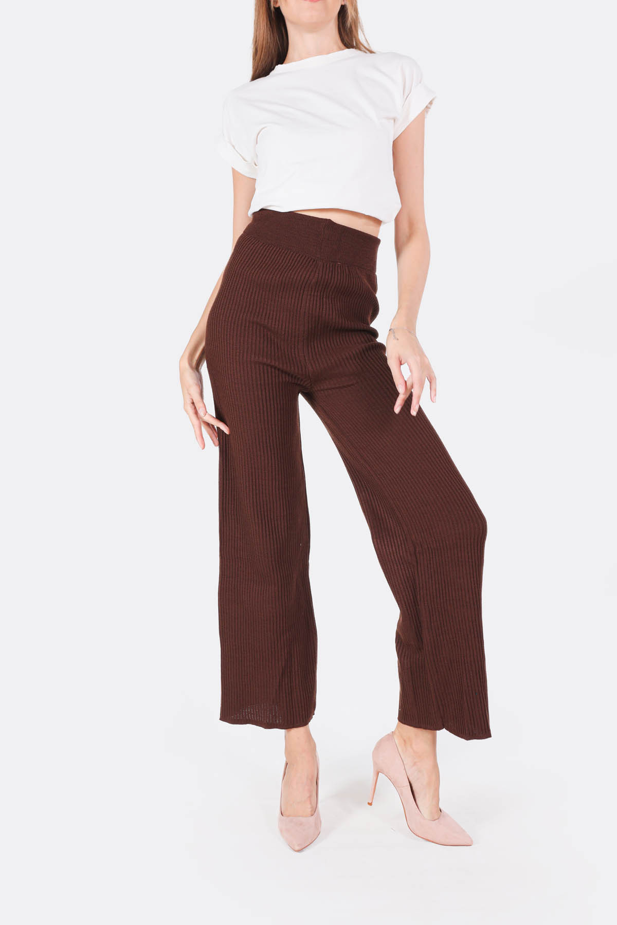 Acı Kahve Geniş Paça Triko Pantolon 3028 