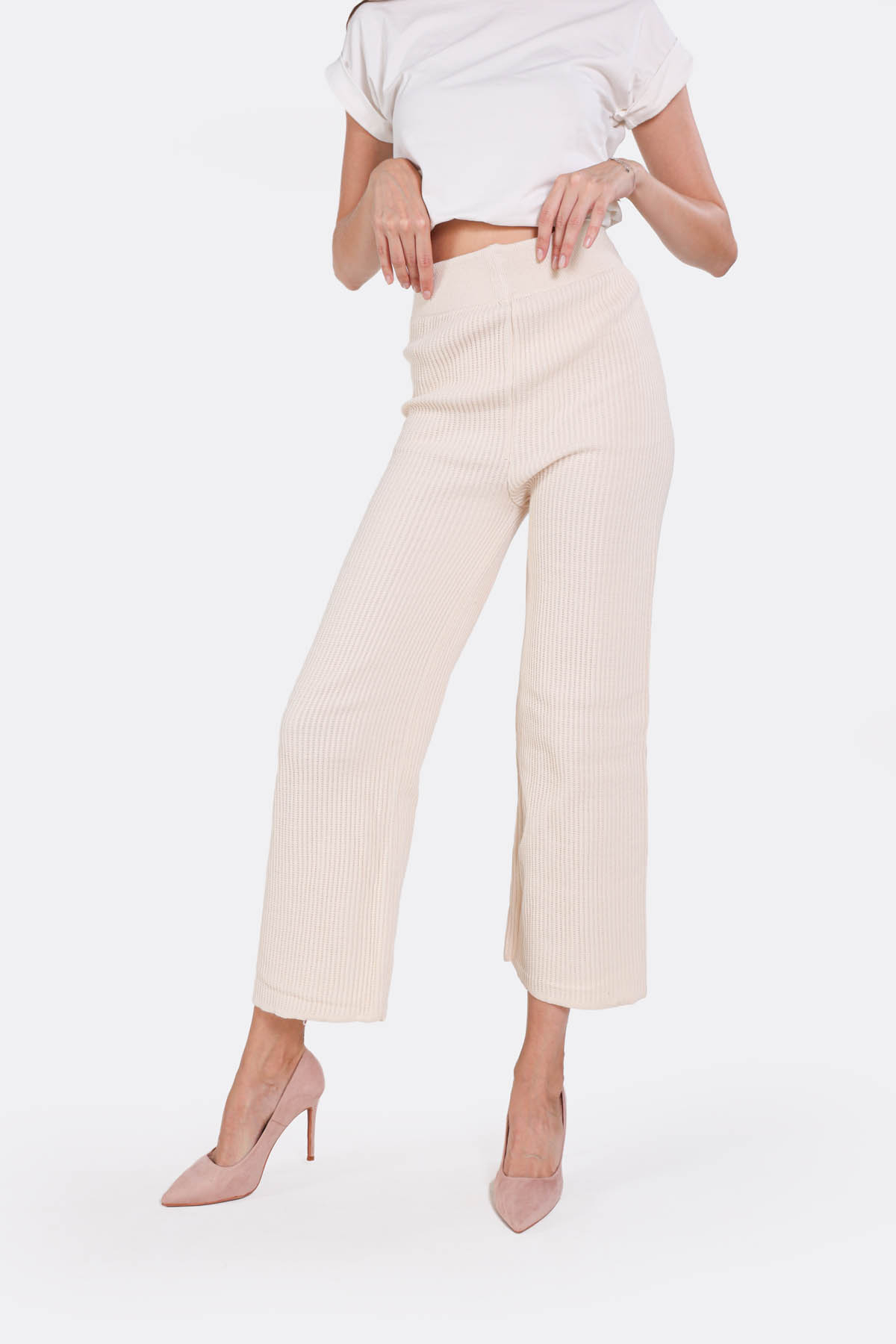3028 Geniş Paça Triko Pantolon Krem - 1