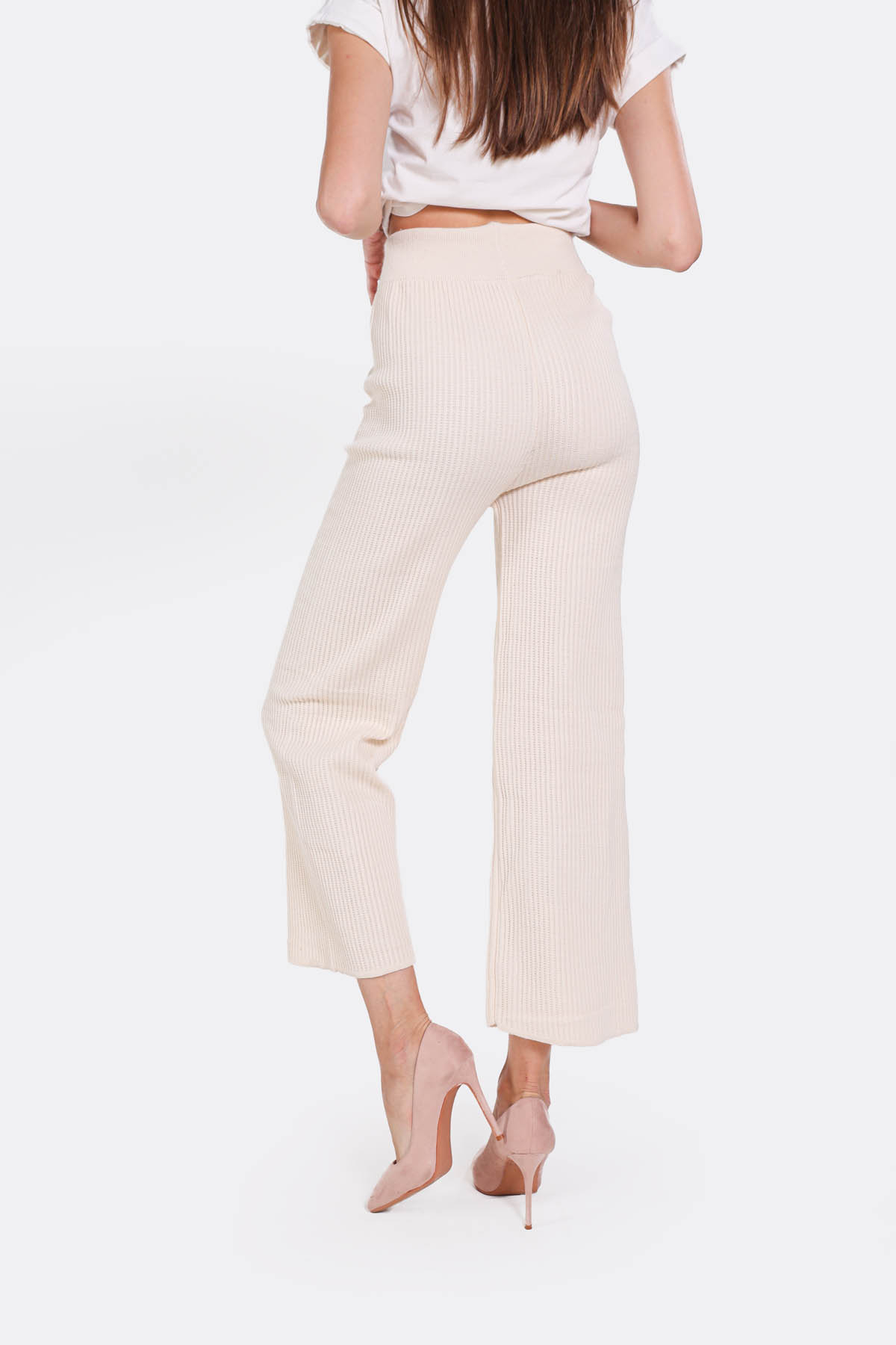 3028 Geniş Paça Triko Pantolon Krem - 3