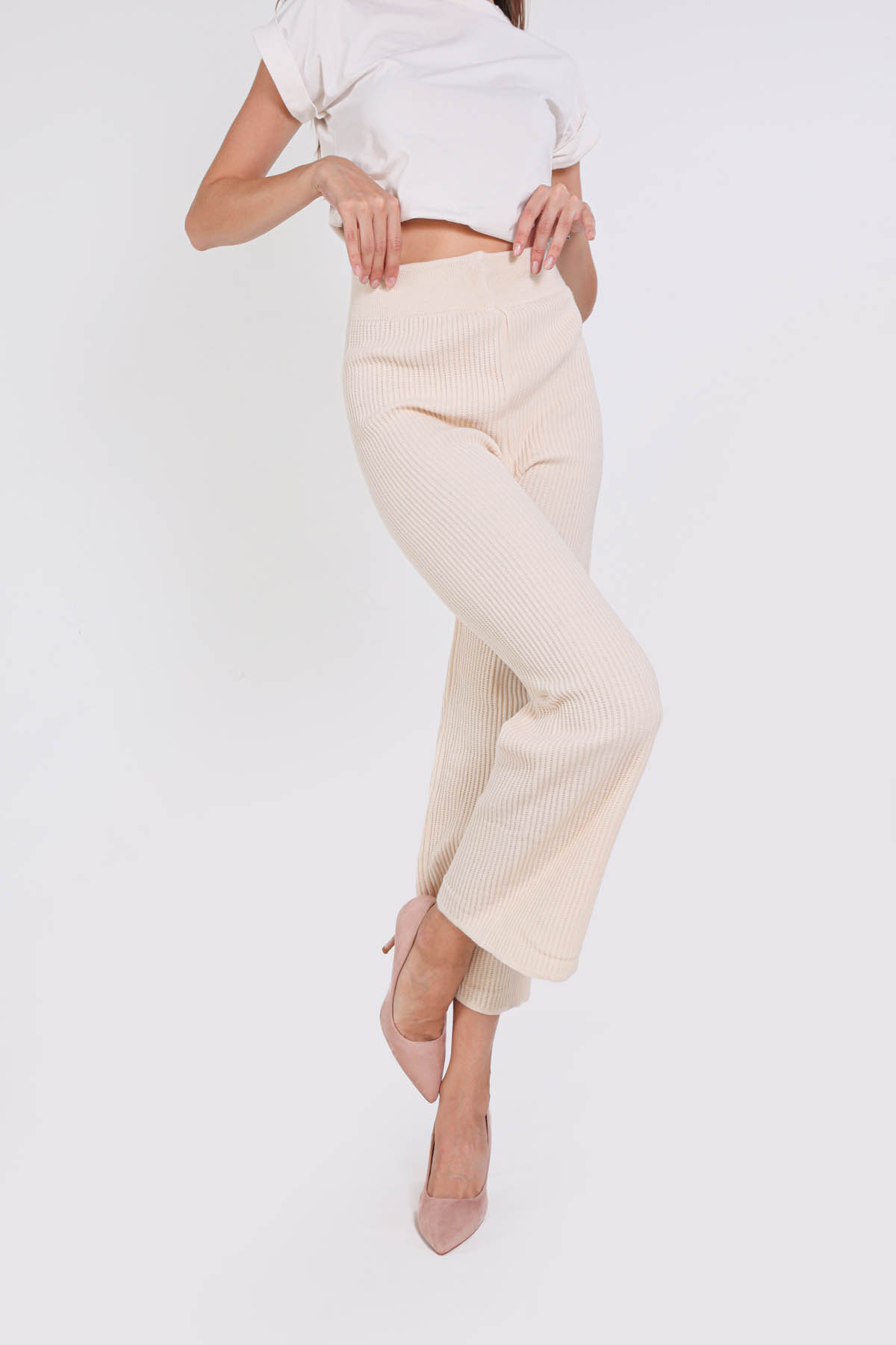 3028 Geniş Paça Triko Pantolon Krem - 4