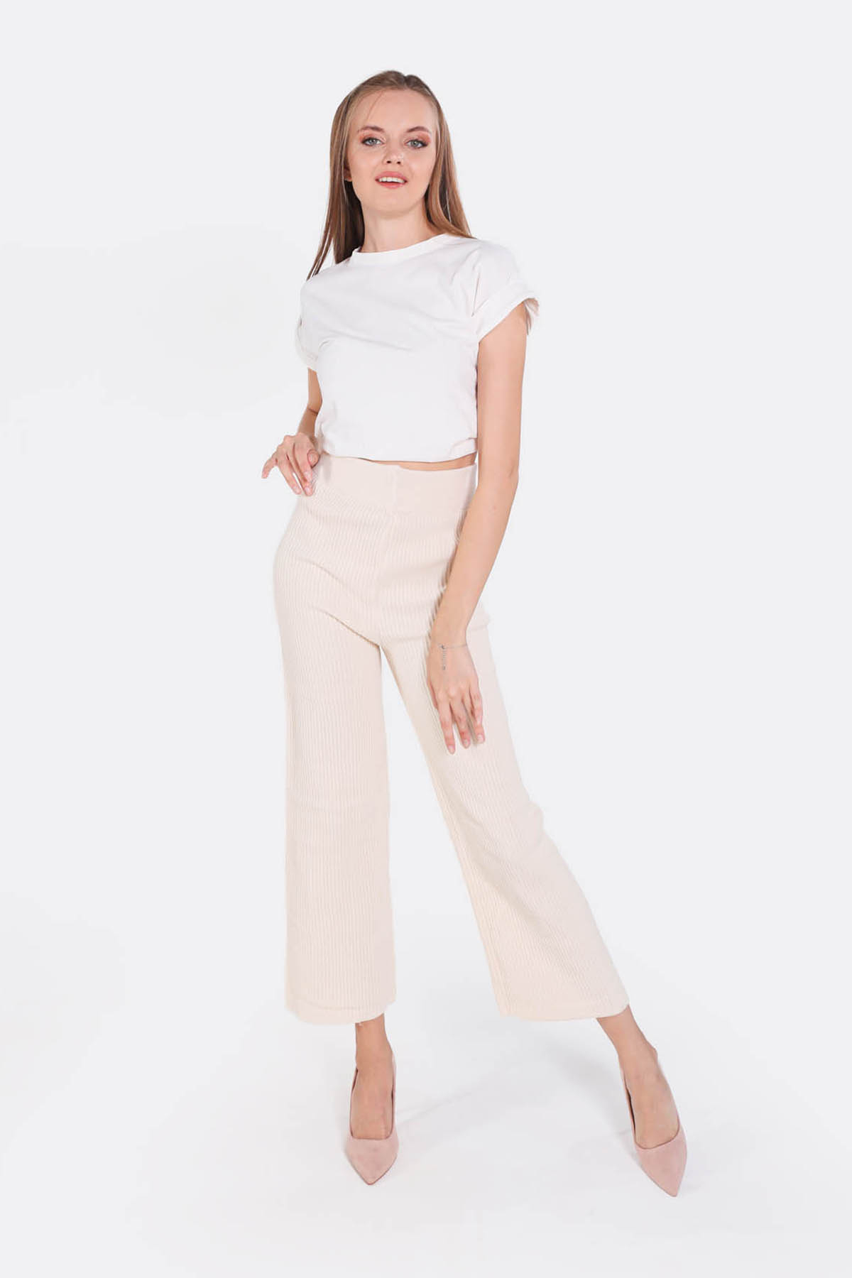 Krem Geniş Paça Triko Pantolon 3028 - 6