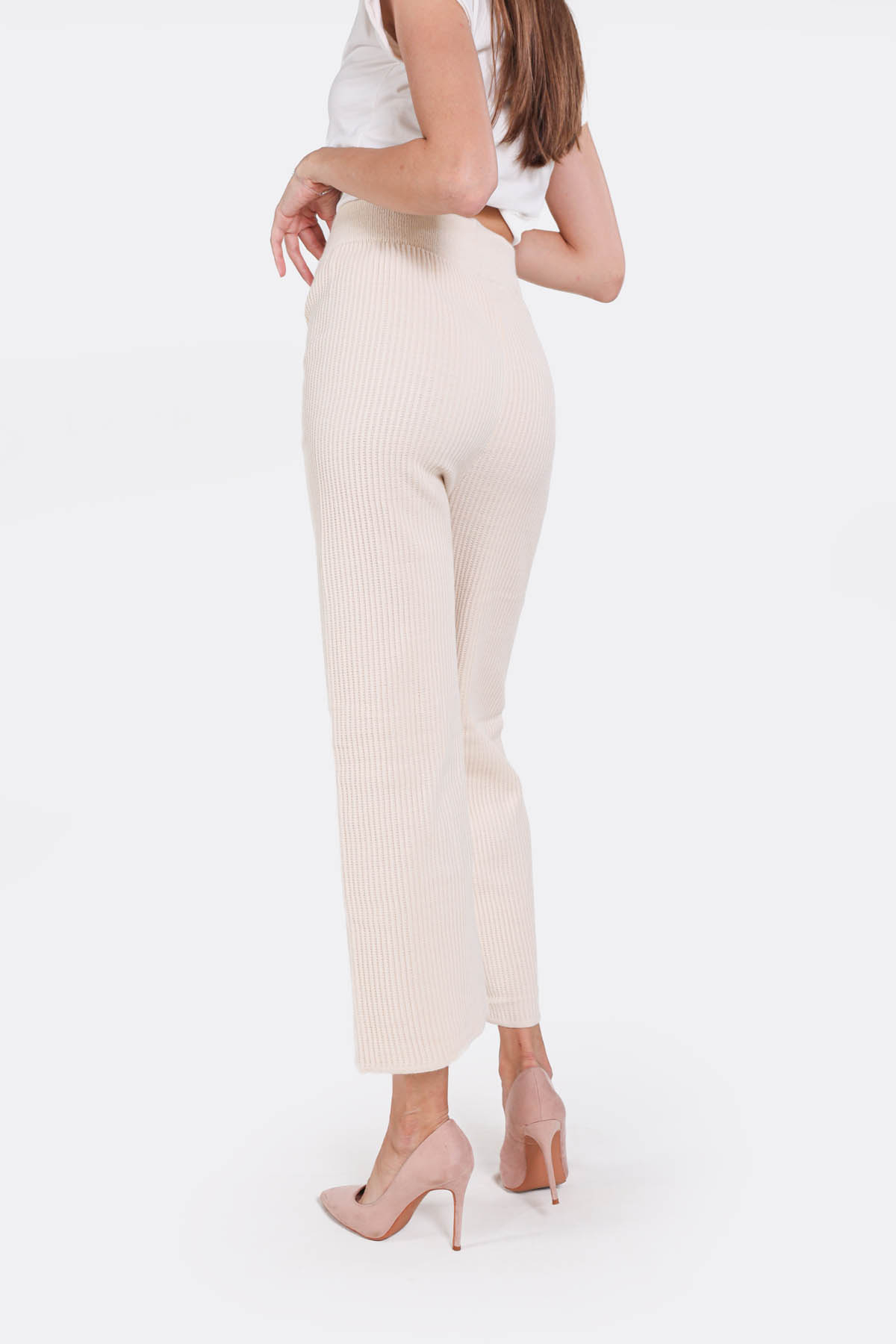Krem Geniş Paça Triko Pantolon 3028 - 2