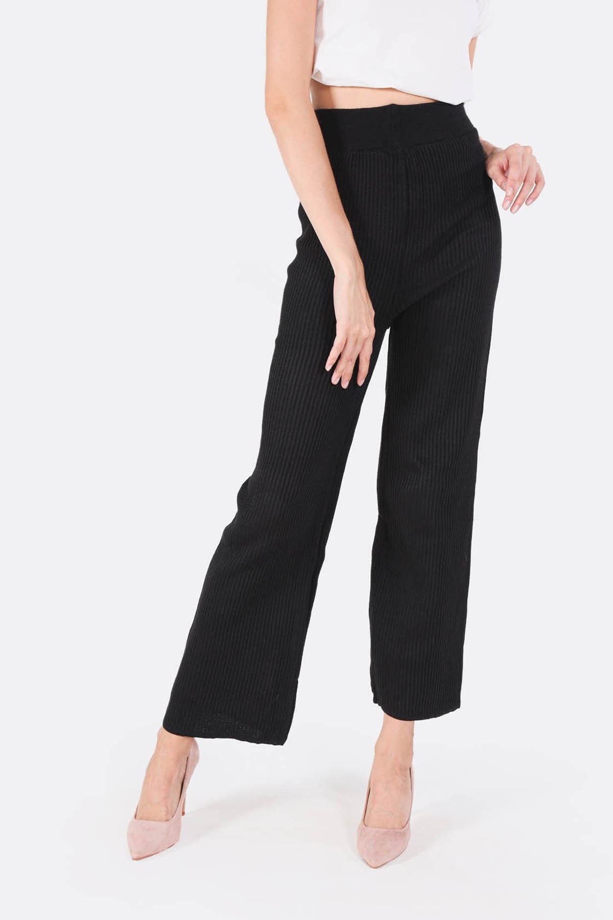 Siyah Geniş Paça Triko Pantolon 3028 - 1