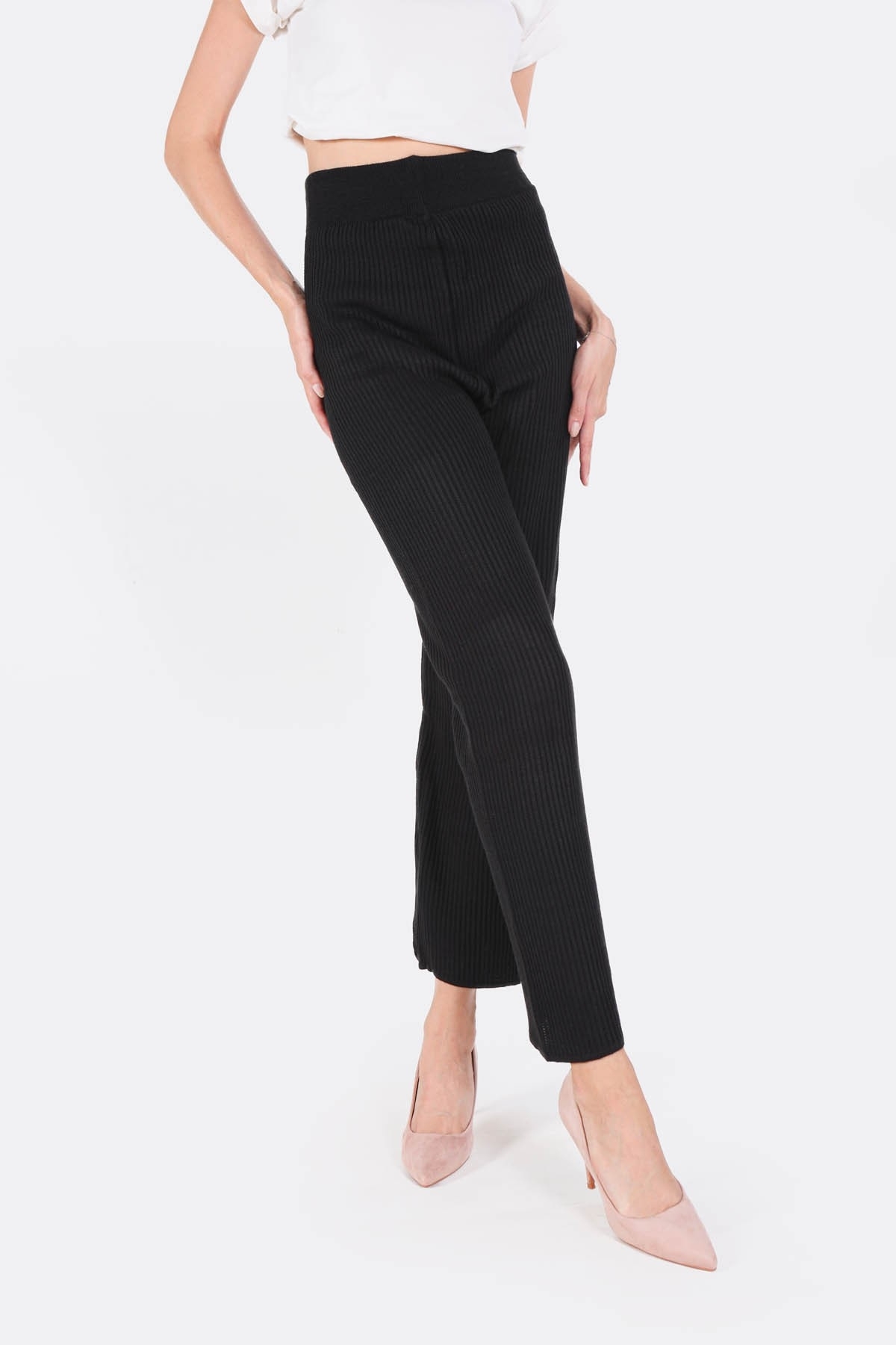 3028 Geniş Paça Triko Pantolon Siyah - 3