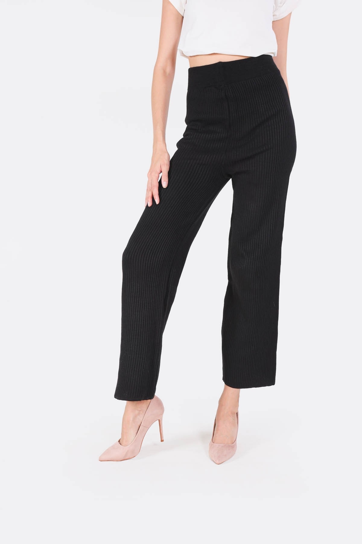 Siyah Geniş Paça Triko Pantolon 3028 - 2