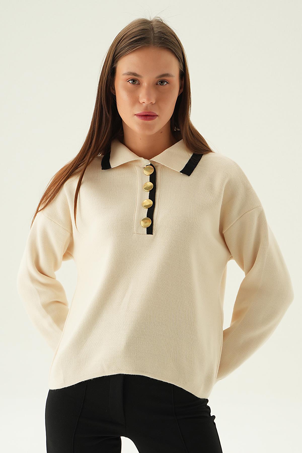 3033 Gömlek Yaka Şerit Detay Kazak Krem - 1