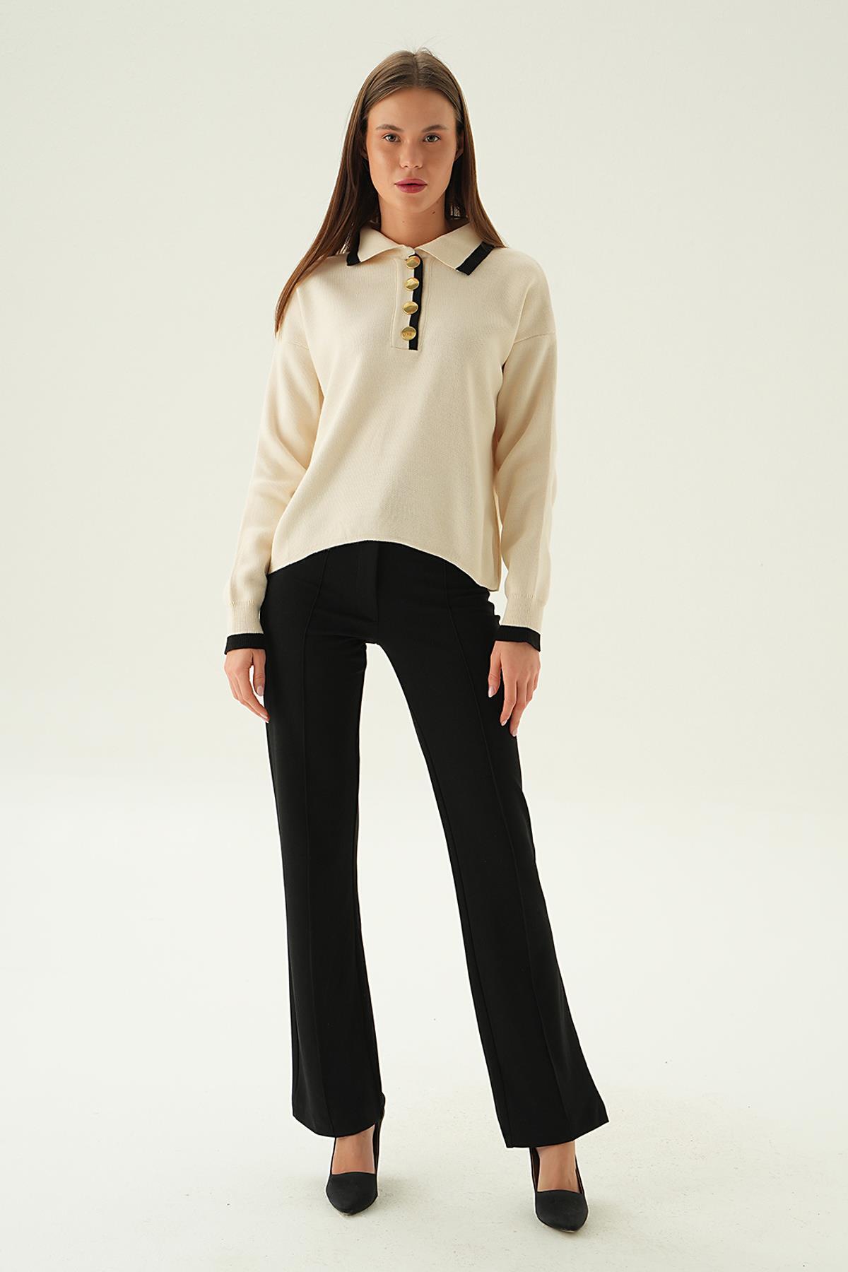 3033 Gömlek Yaka Şerit Detay Kazak Krem - 6