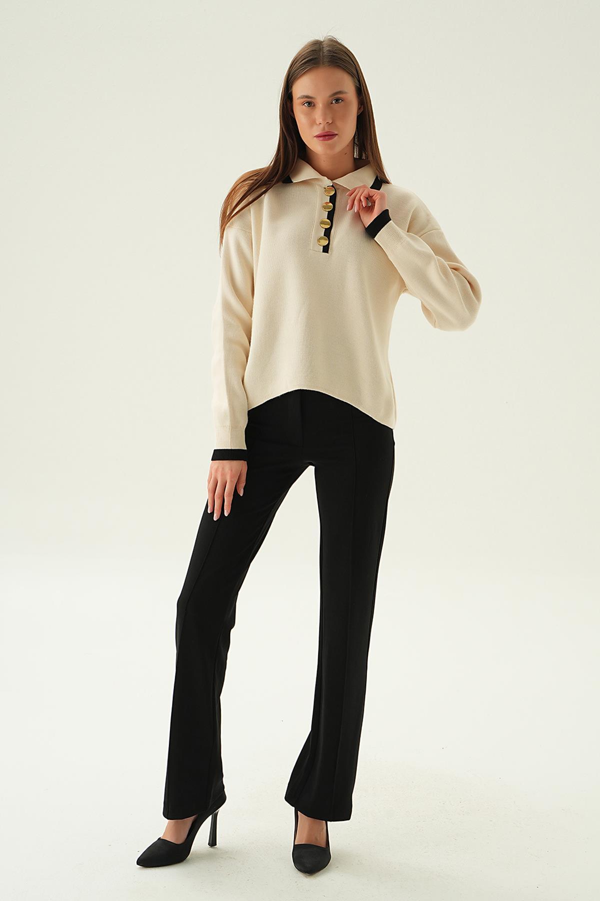 3033 Gömlek Yaka Şerit Detay Kazak Krem - 2