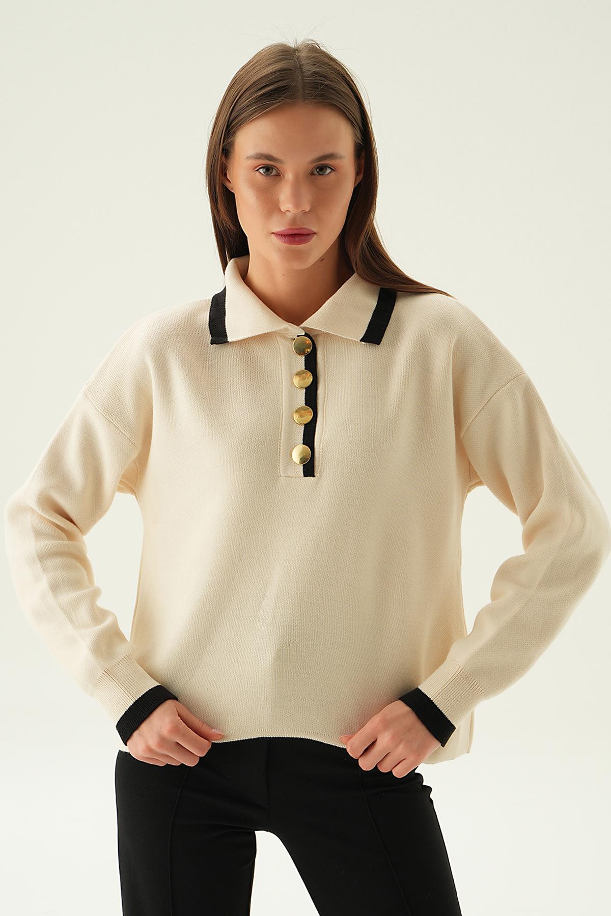 3033 Gömlek Yaka Şerit Detay Kazak Krem - 4