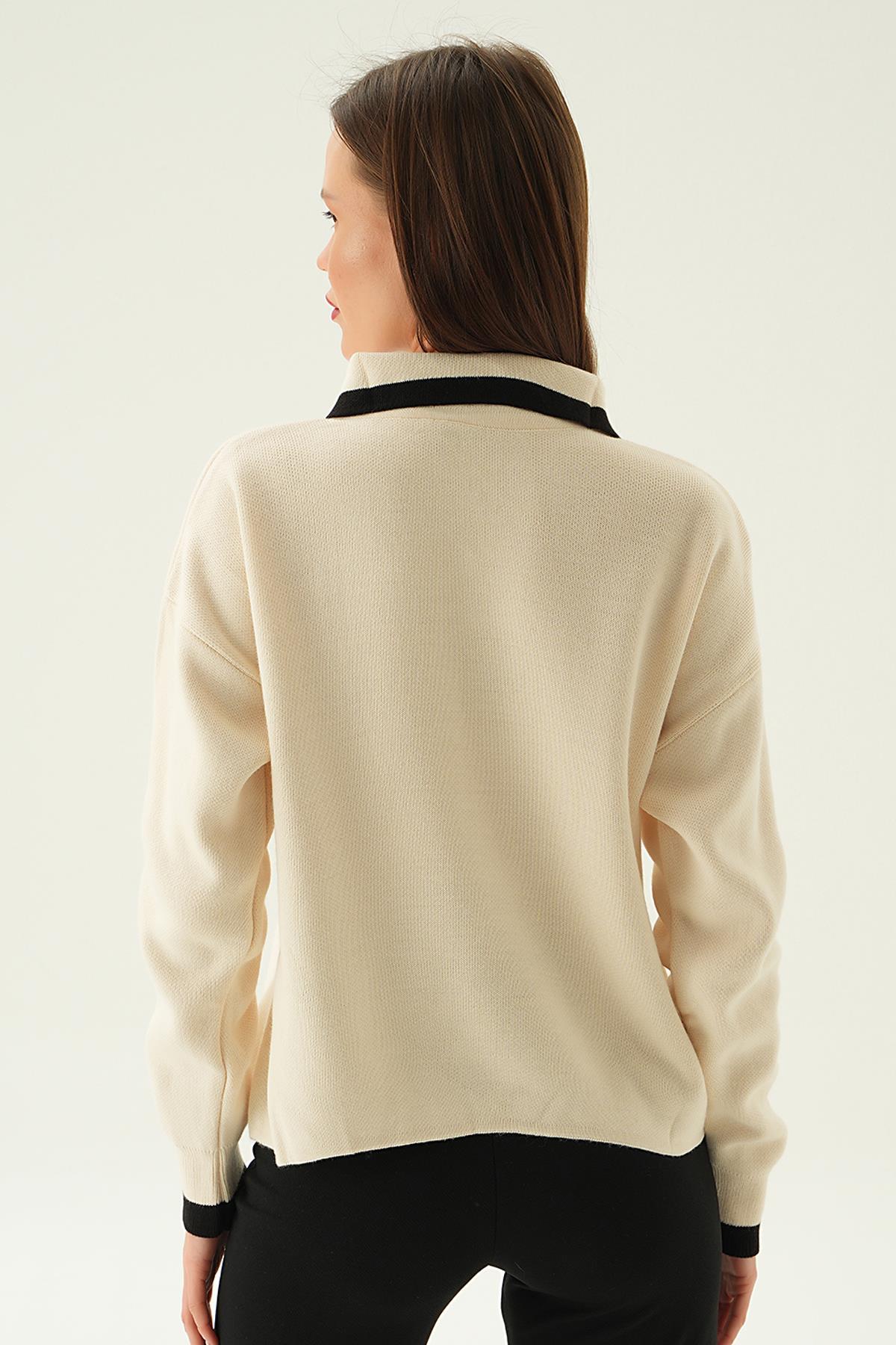 Krem Gömlek Yaka Şerit Detay Kazak 3033 - 3